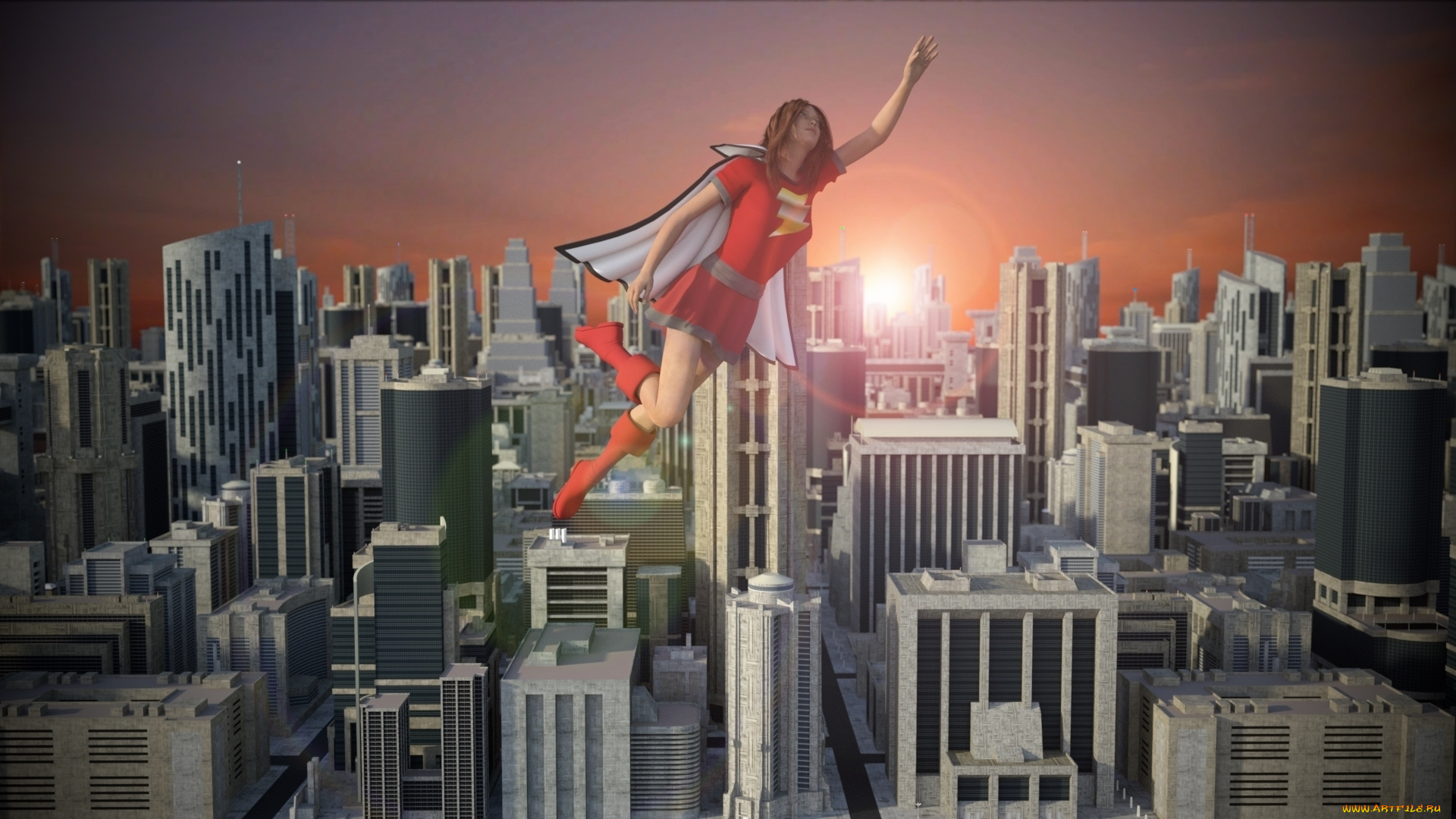 3д, графика, люди, , people, взгляд, город, девушка, полет, супермен, фон