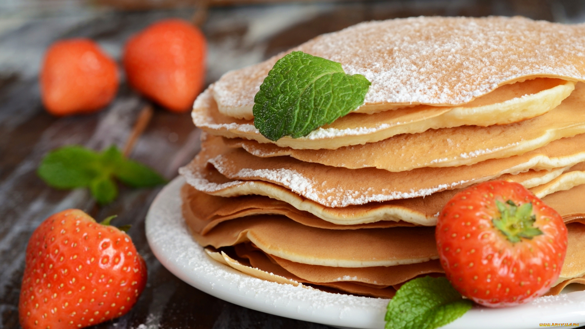 еда, блины, , оладьи, клубника, мята