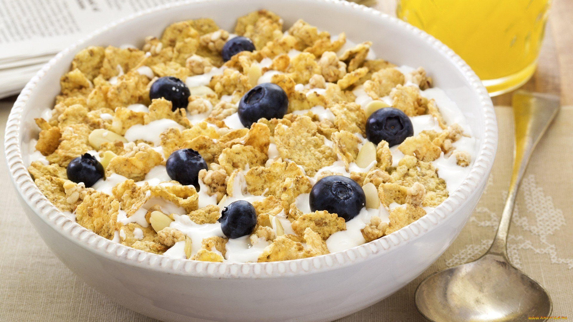 еда, мюсли, , хлопья, молоко, кукурузные, хлопья, голубика