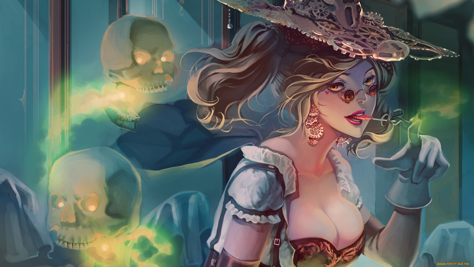 фэнтези, девушки, арт, черепа, магия, ведьма, шляпа, девушка