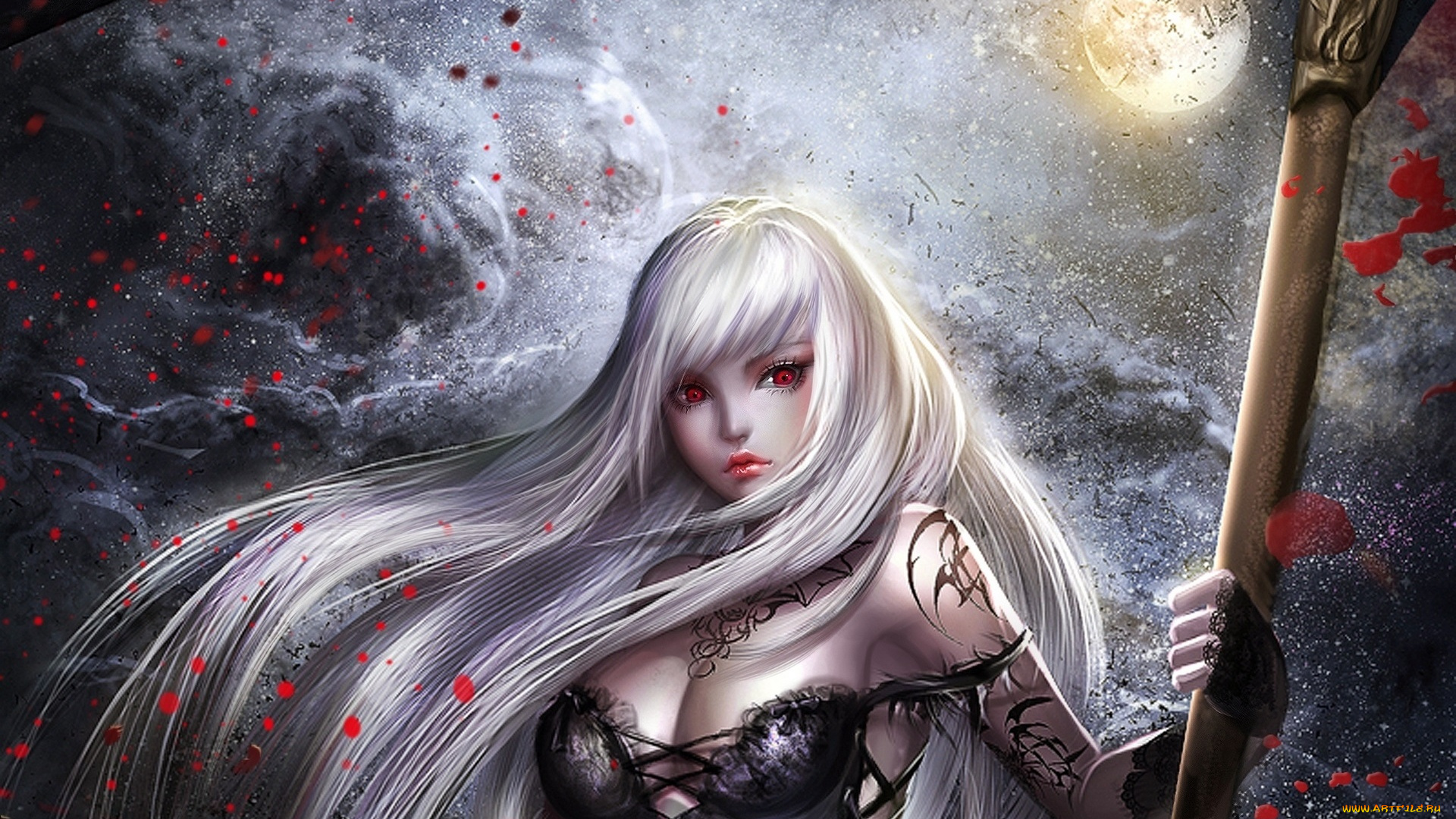 фэнтези, девушки, арт, sangrde, noblesse, девушка, ночь, луна, оружие, коса