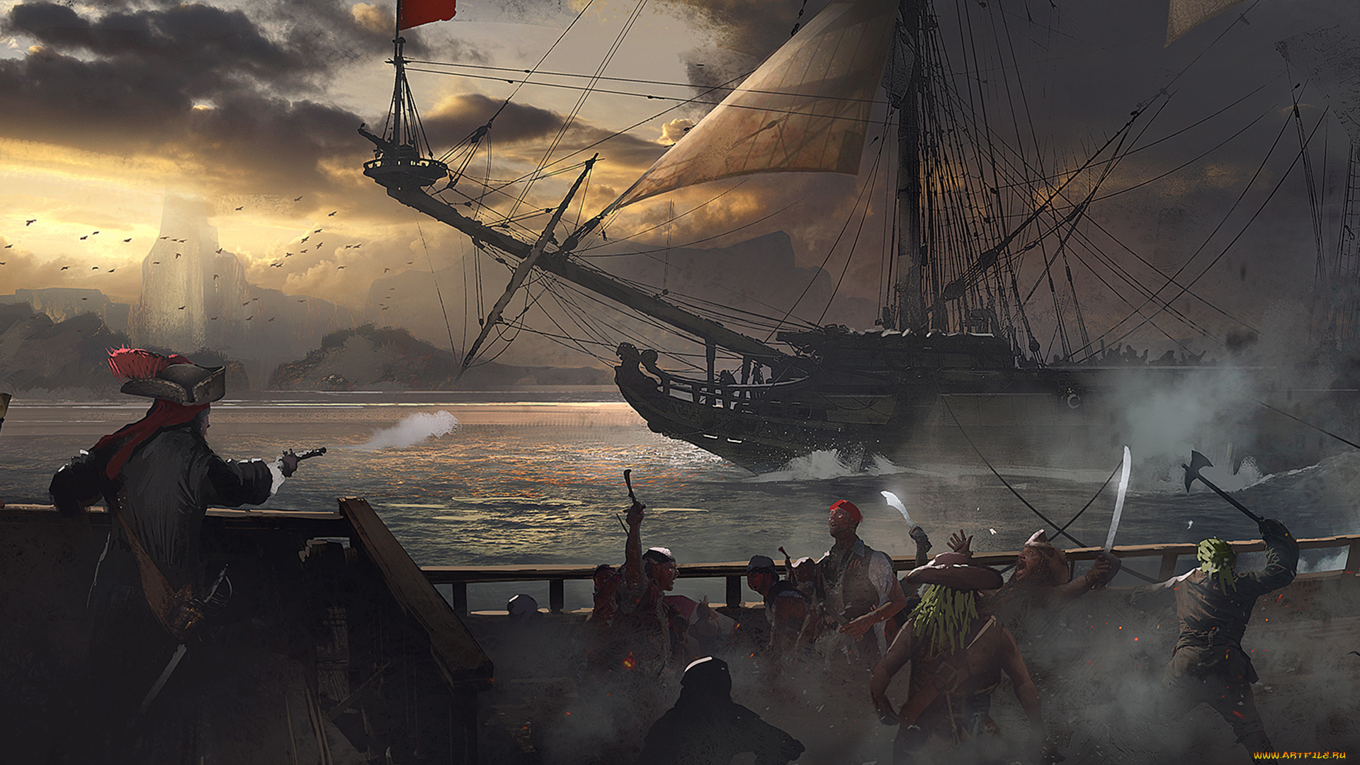 фэнтези, корабли, сражение, парусники, море, пираты