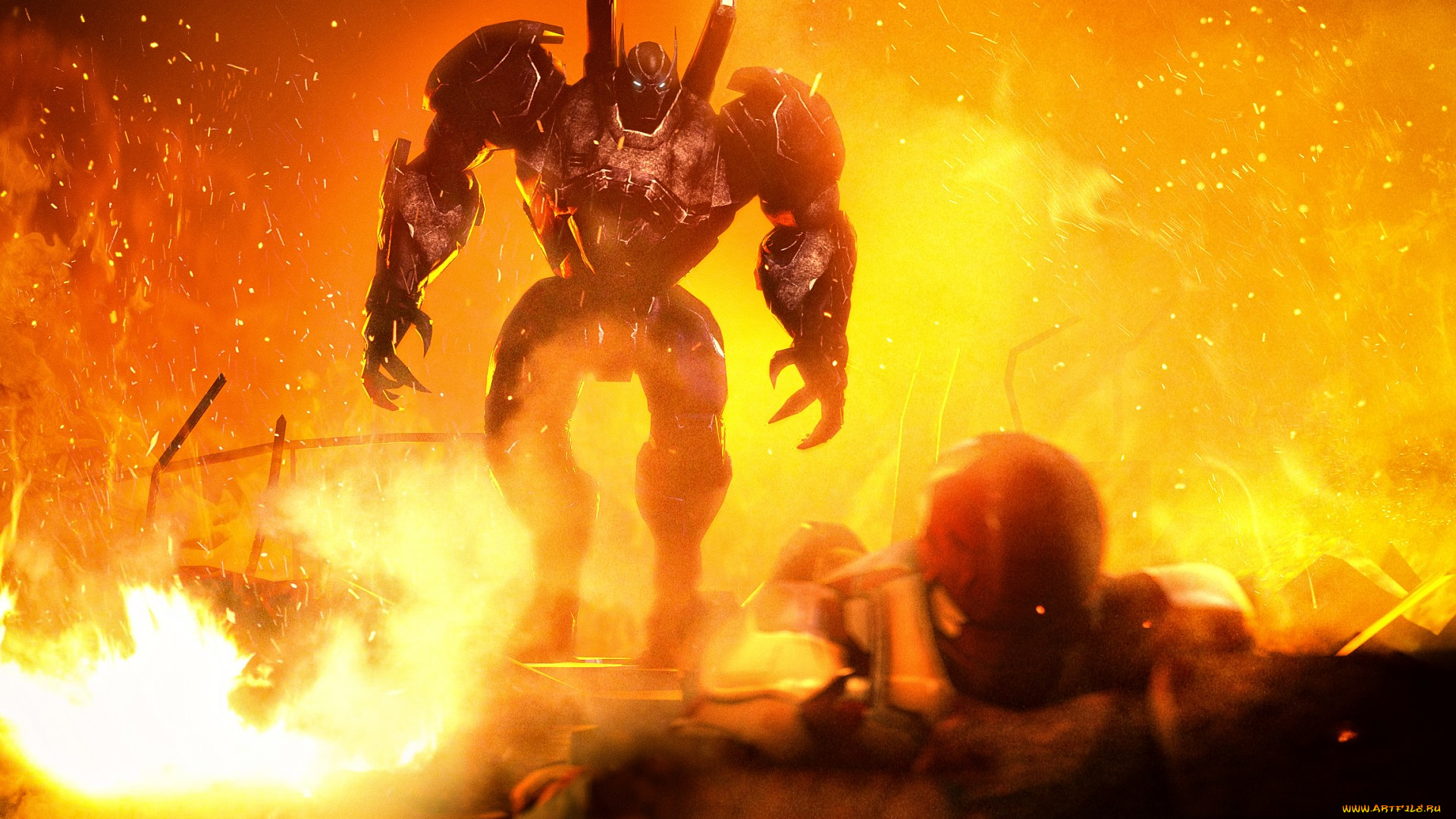 фэнтези, роботы, , киборги, , механизмы, робот, разваленны, огонь, руины