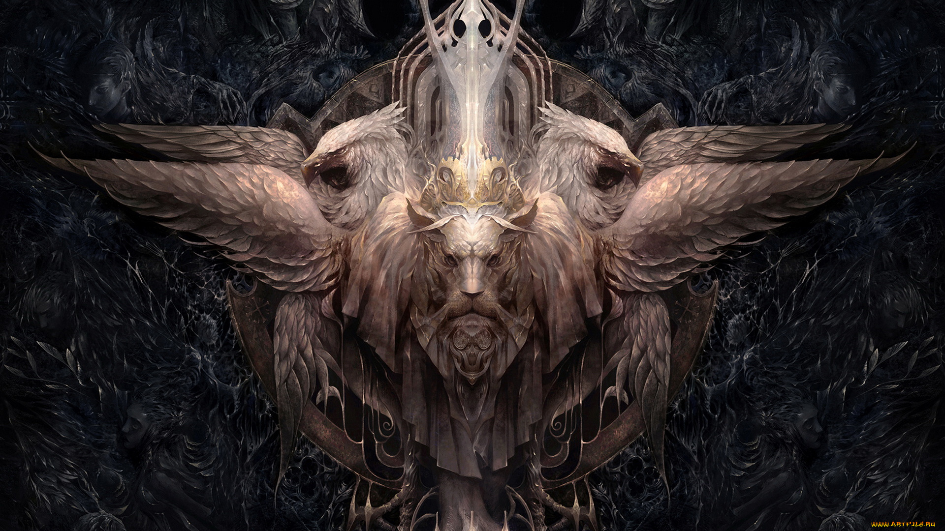 фэнтези, существа, люди, орлы, крылья, морда