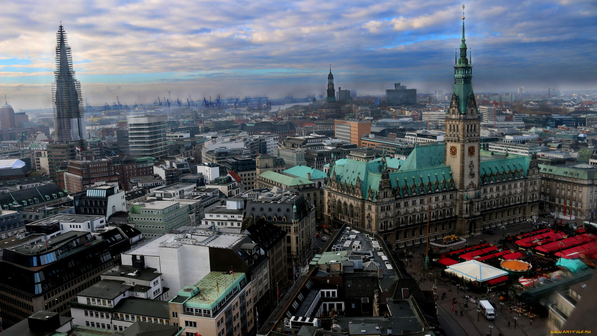 города, -, панорамы, площадь, башня, шпиль, вокзал