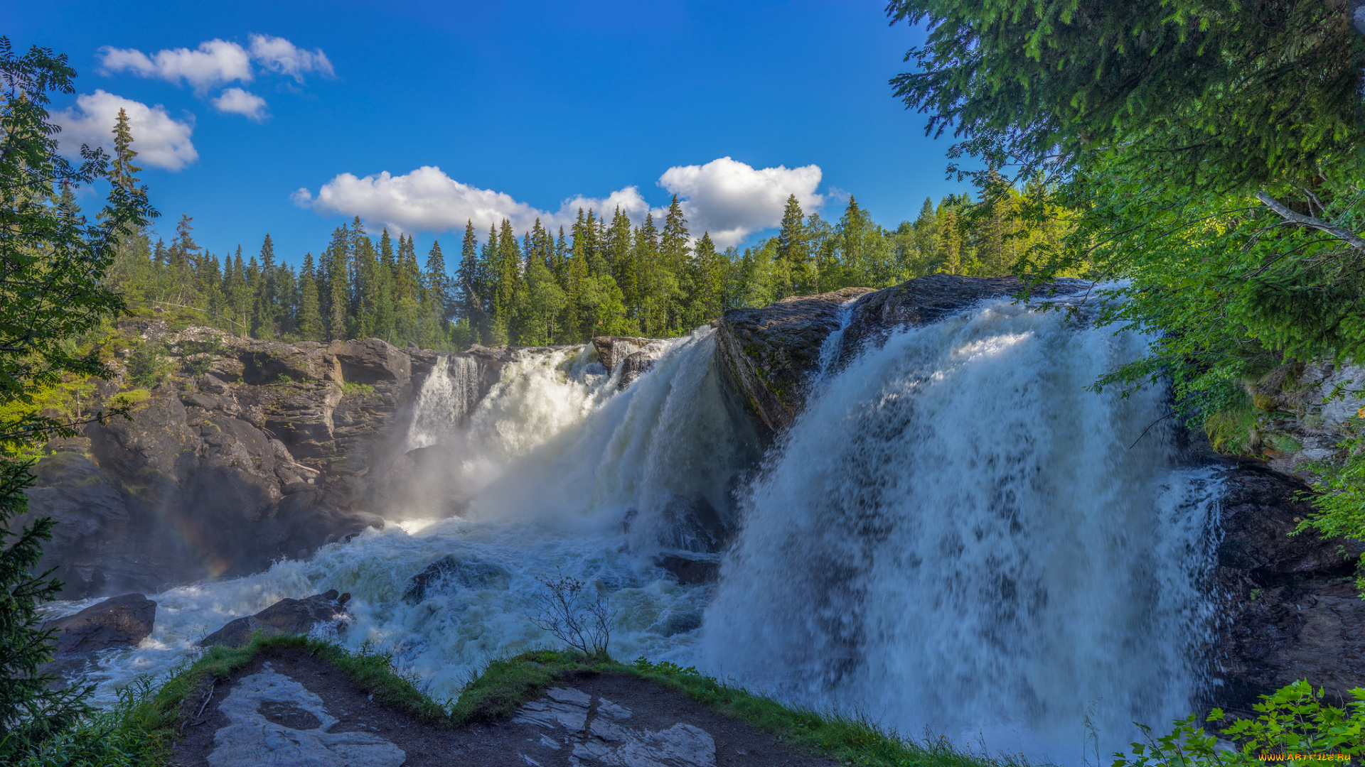 природа, водопады, водопад, река, лес