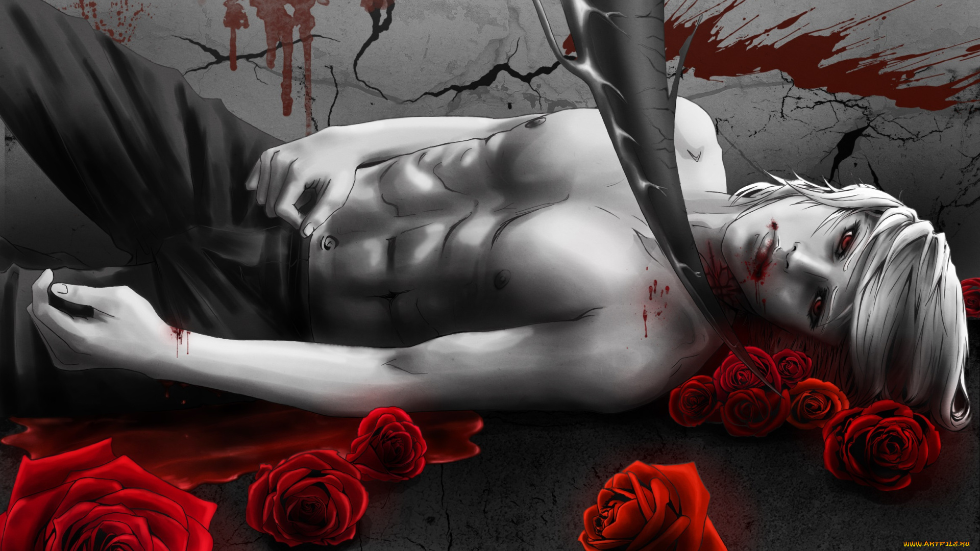 разное, арты, парень, кровь, арт, взгляд