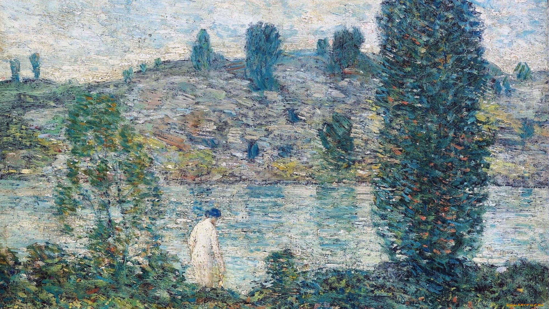 summer, afternoon, рисованное, frederick, childe, hassam, берега, река, деревья, женщина