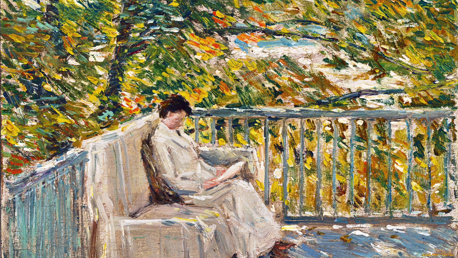 the, balcony, рисованное, frederick, childe, hassam, балкон, осень, деревья, диван, книги, чтение, женщина