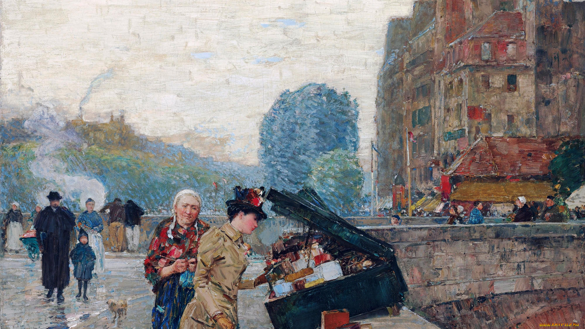 the, quay, of, st, , michel, рисованное, frederick, childe, hassam, короба, люди, здание, дом, мост, улица, город