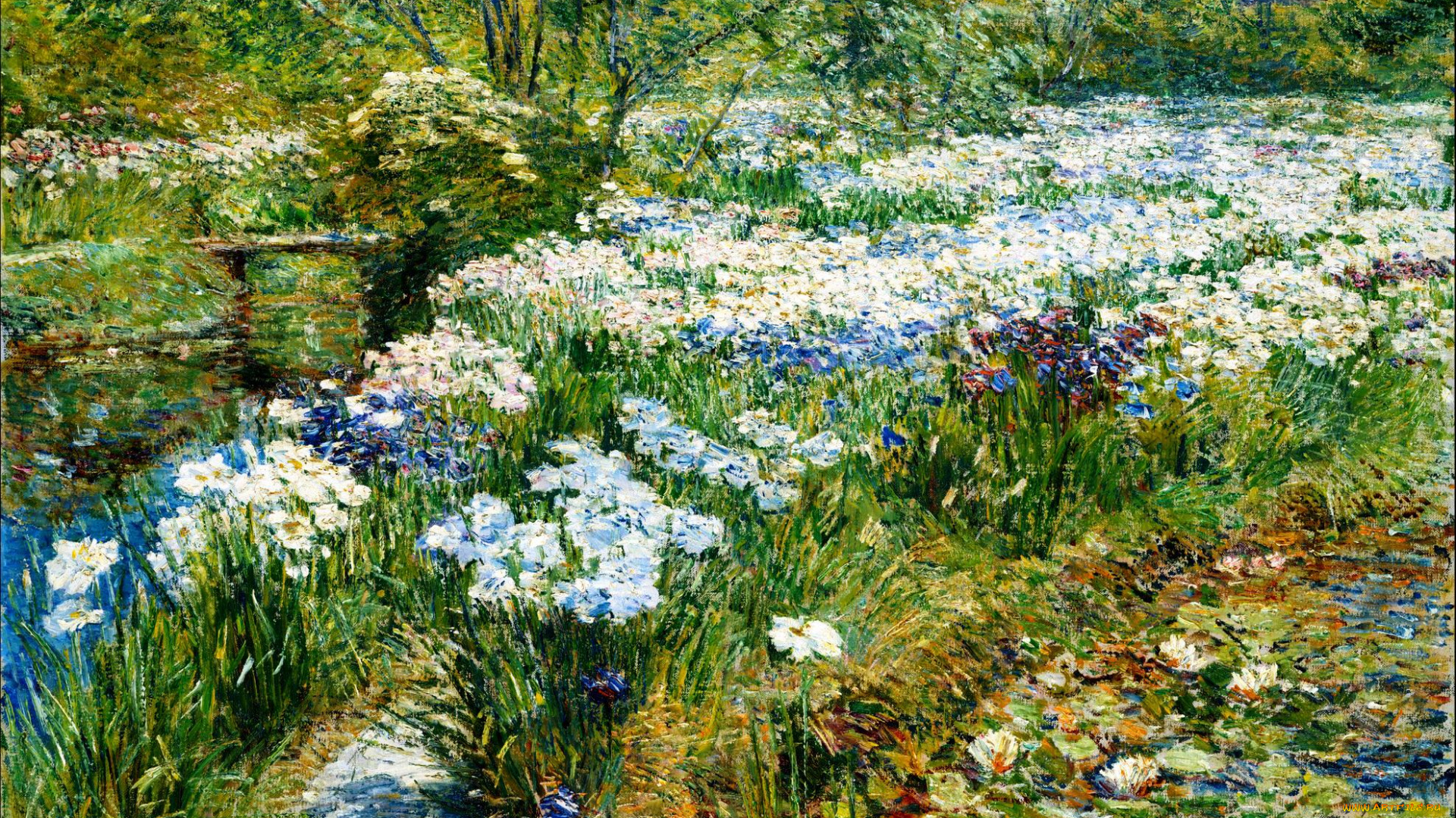 the, water, garden, рисованное, frederick, childe, hassam, трава, цветы, озеро, парк, сад