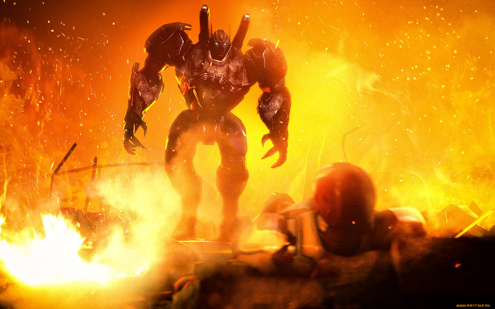 фэнтези, роботы, , киборги, , механизмы, робот, разваленны, огонь, руины