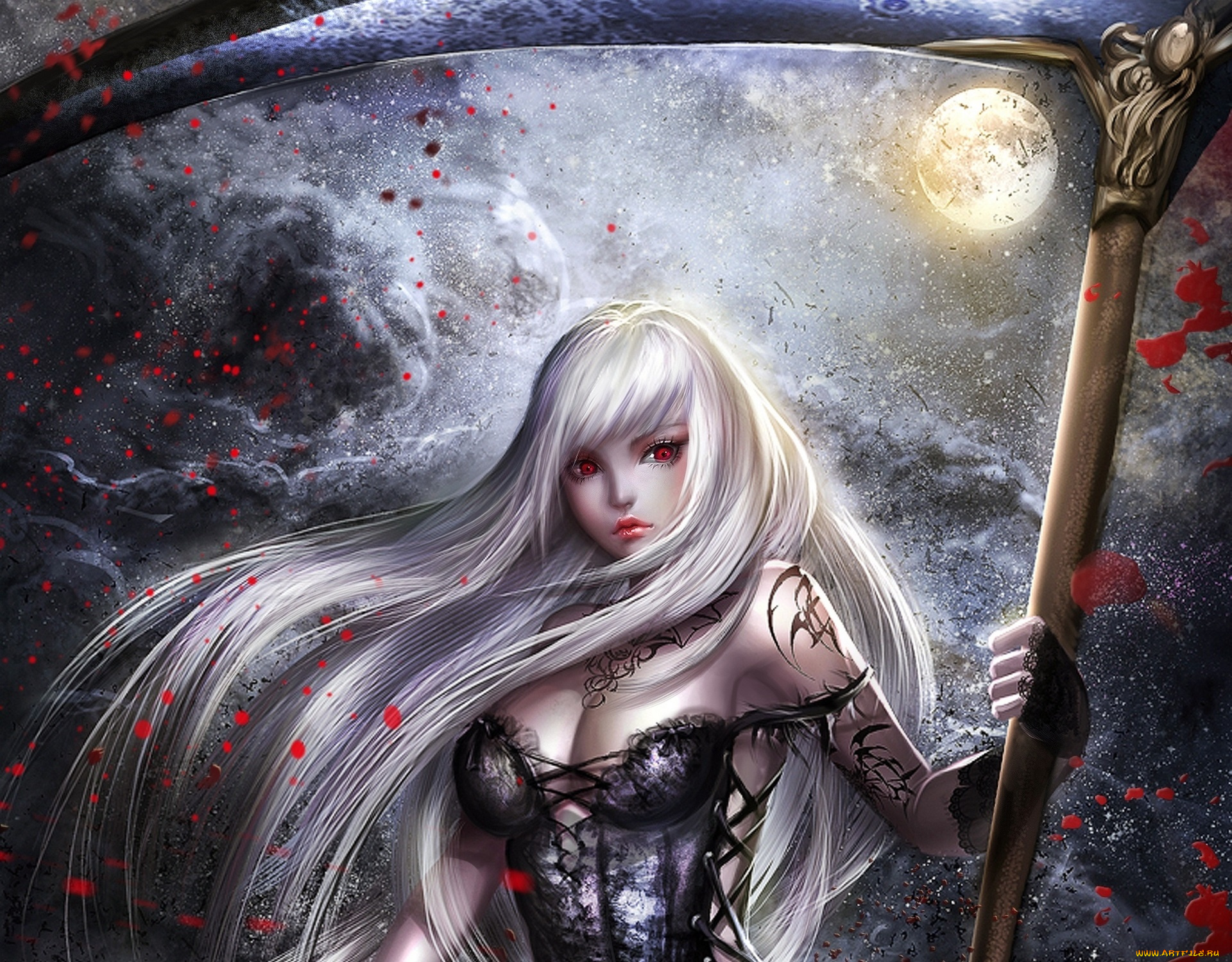 фэнтези, девушки, арт, sangrde, noblesse, девушка, ночь, луна, оружие, коса