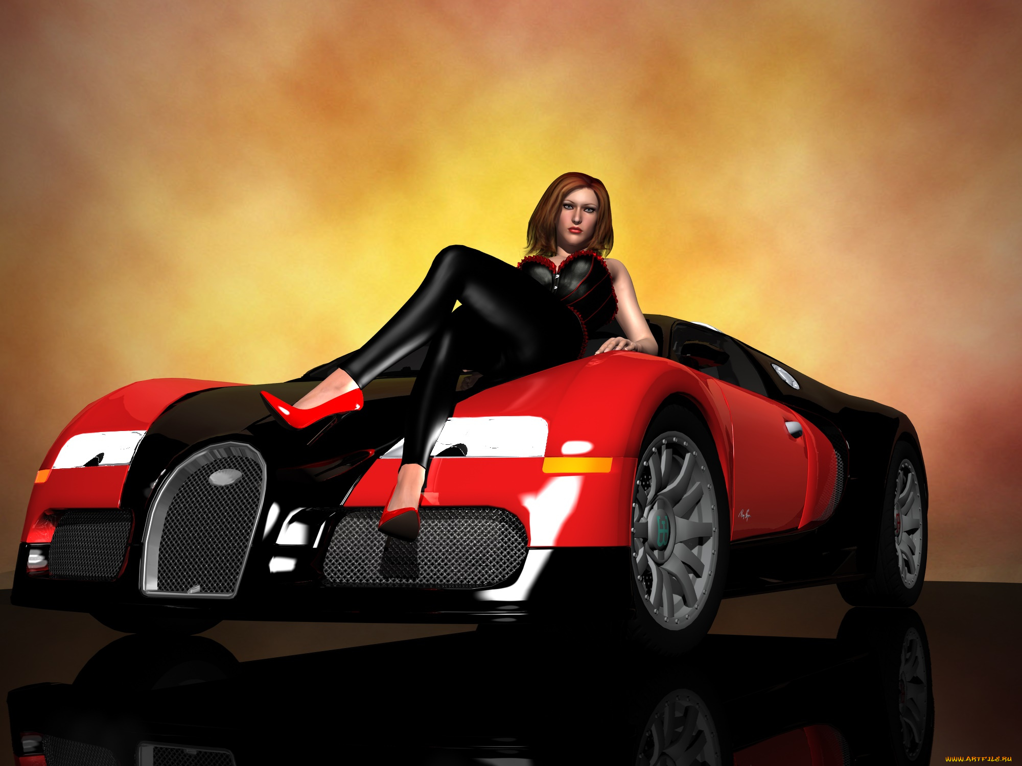 автомобили, 3d, car&girl, взгляд, девушка, автомобиль, фон