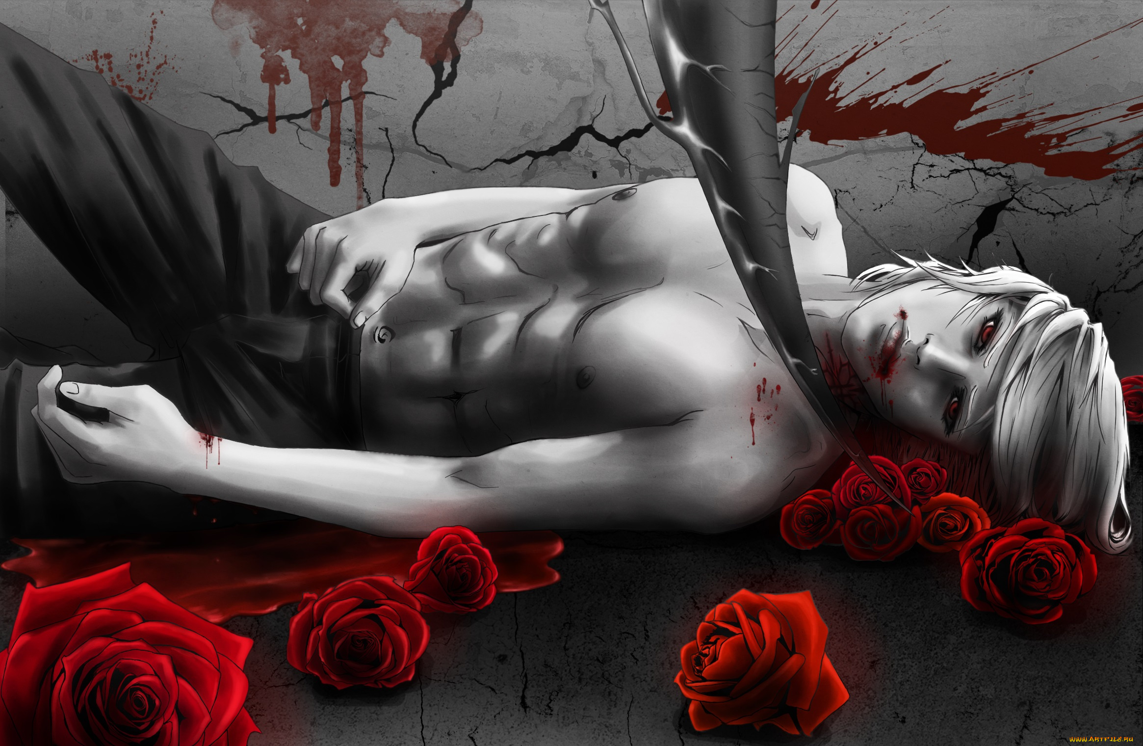 разное, арты, парень, кровь, арт, взгляд