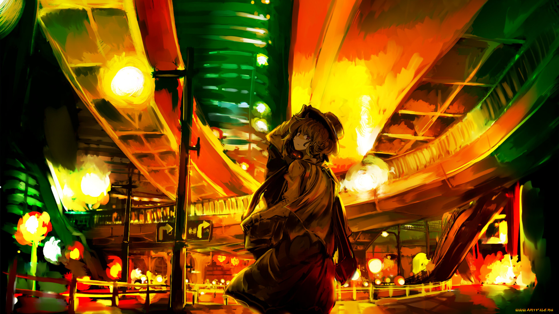 аниме, город, , улицы, , здания, девушка, взгляд, фон