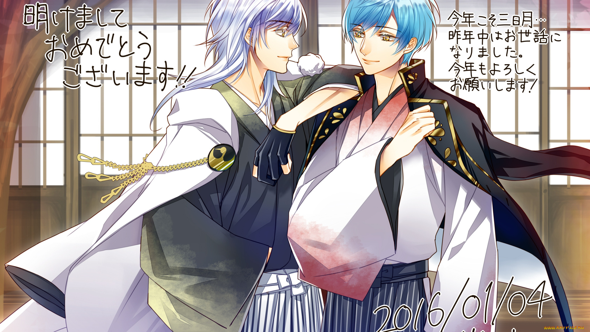 аниме, touken, ranbu, иероглифы, перчатка, ichigo, hitofuri, двое, touken, ranbu, плащ, tsurumaru, kuninaga, парни, кимоно, полоска, голубые, волосы