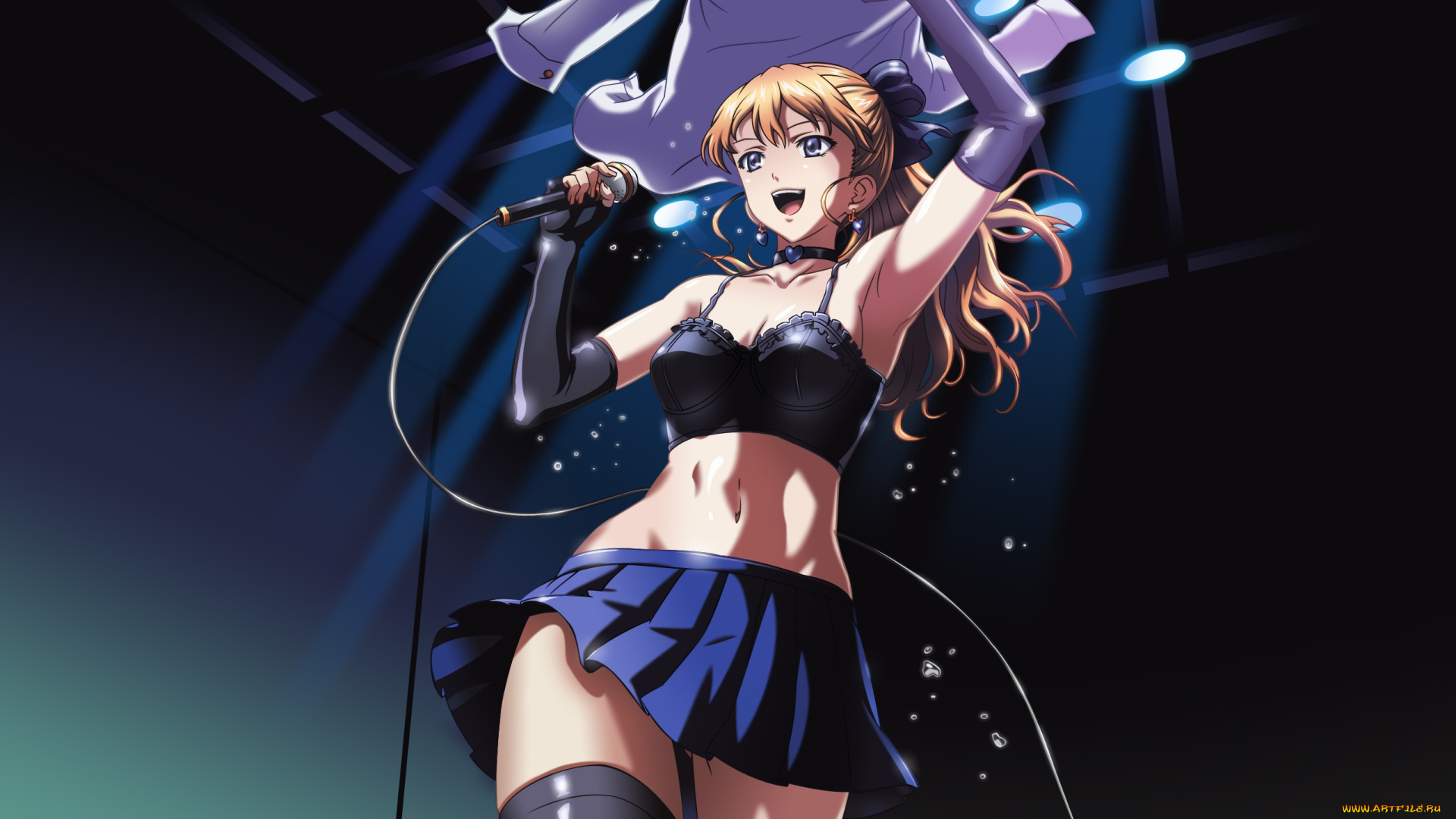 аниме, white, album, фон, микрофон, взгляд, девушка