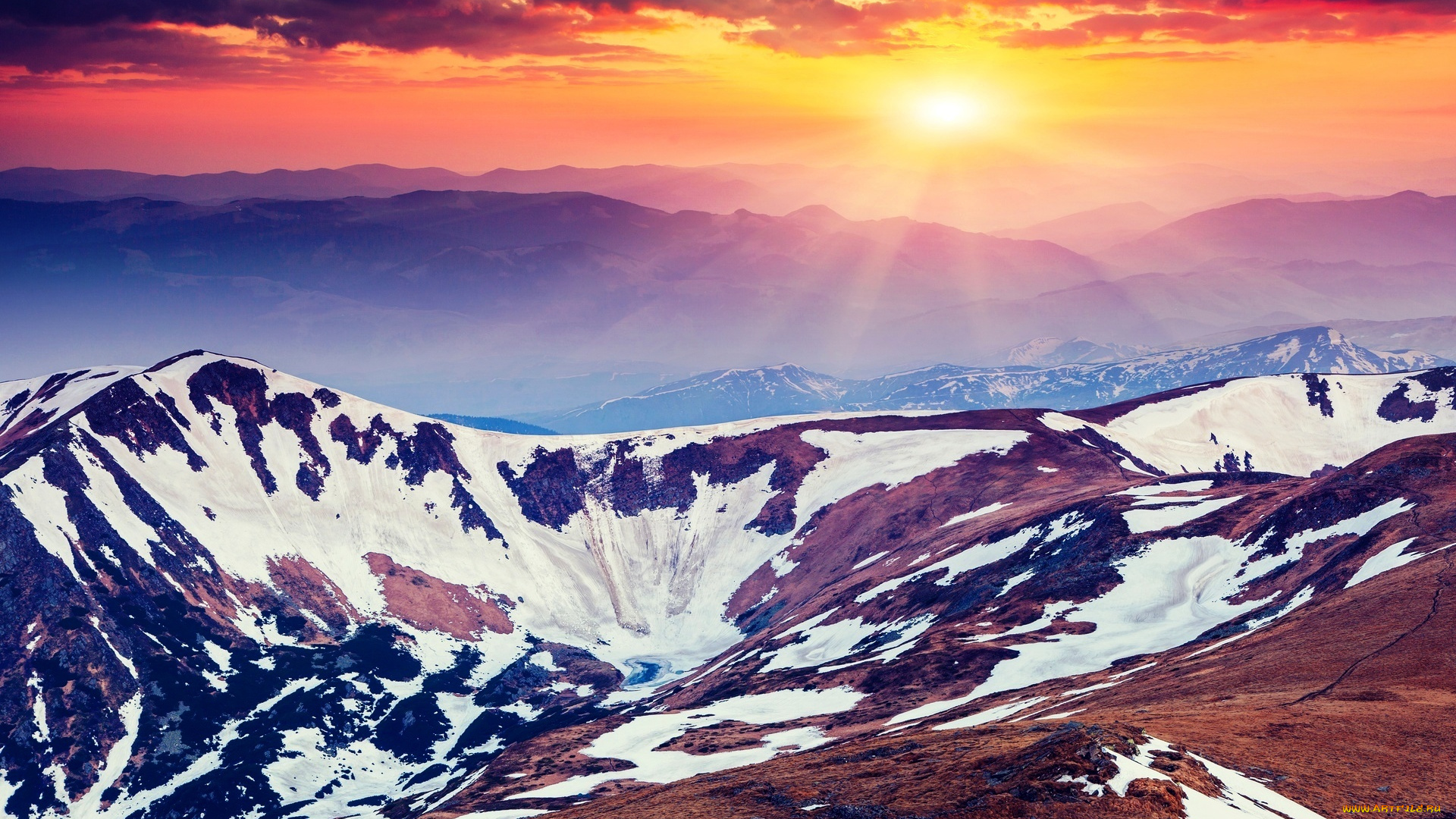 природа, горы, снег, лучи, солнце, закат