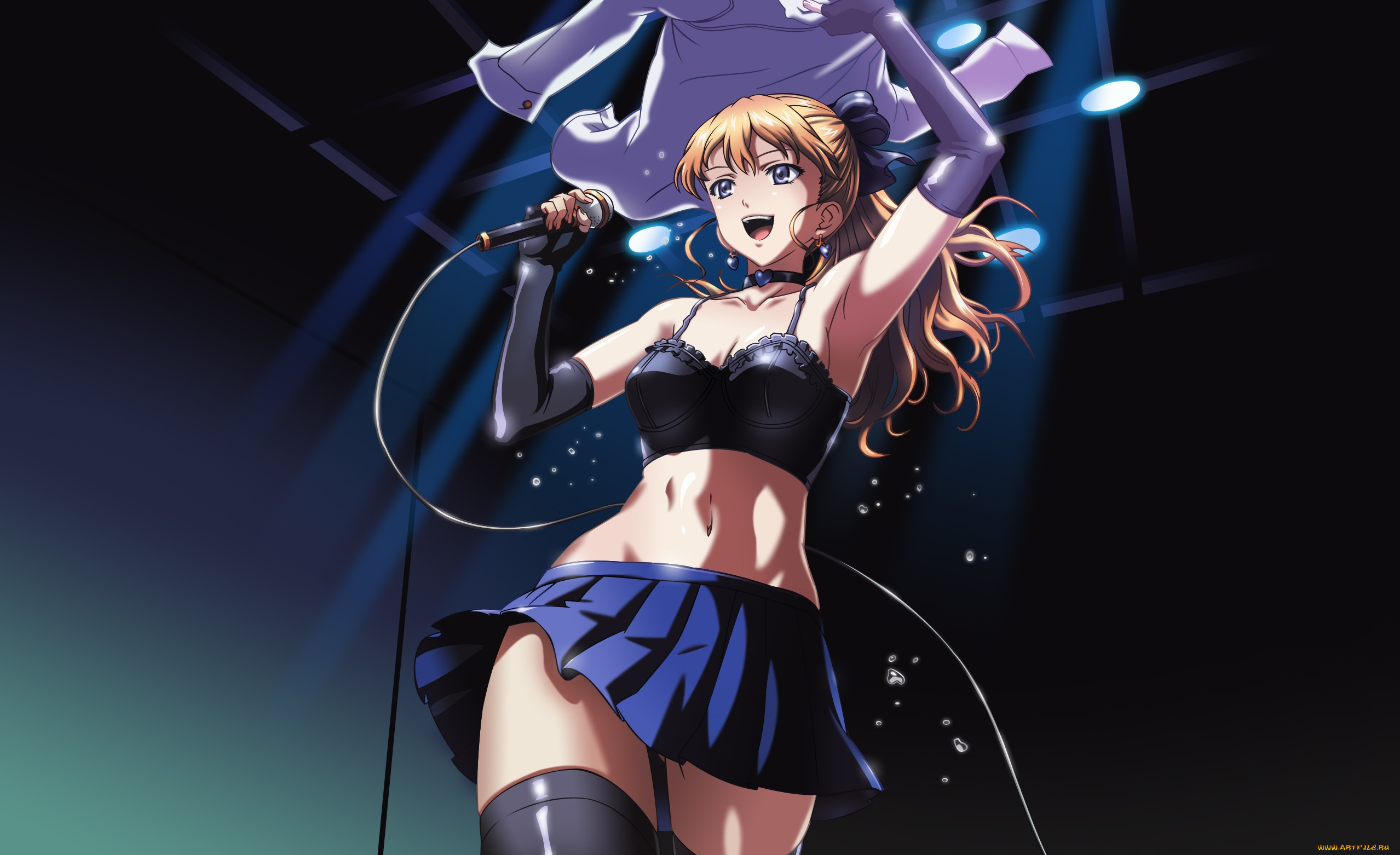 аниме, white, album, фон, микрофон, взгляд, девушка