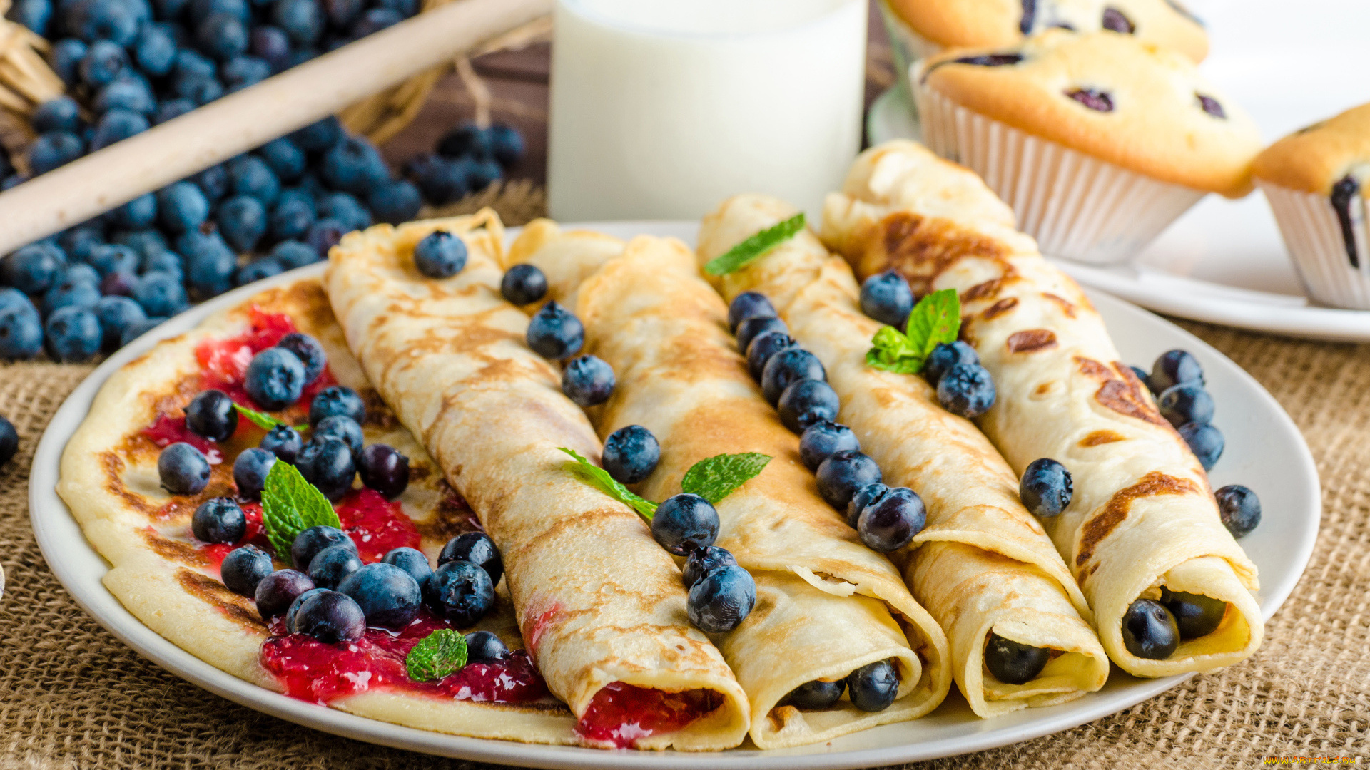 еда, блины, , оладьи, черника, десерт, мята, блинчики