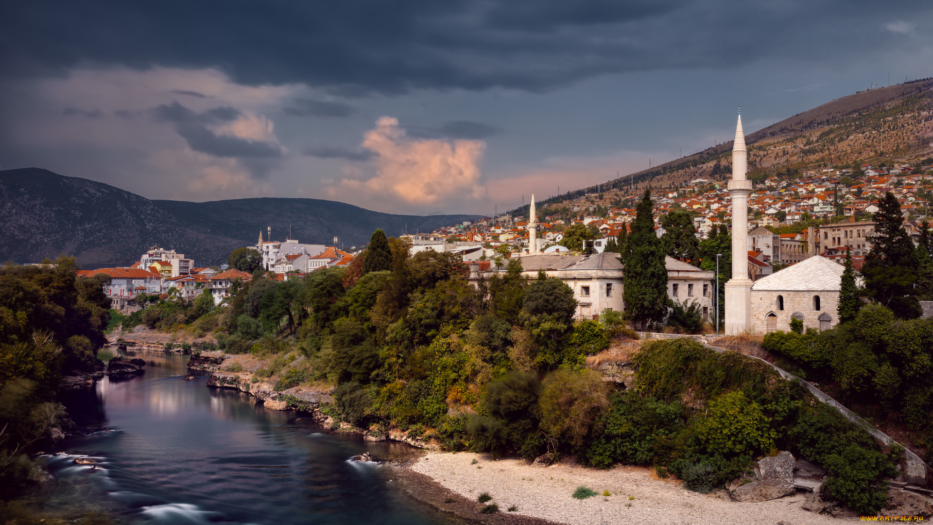 mostar, , bosnia, and, herzegovina, города, -, пейзажи, городок, река
