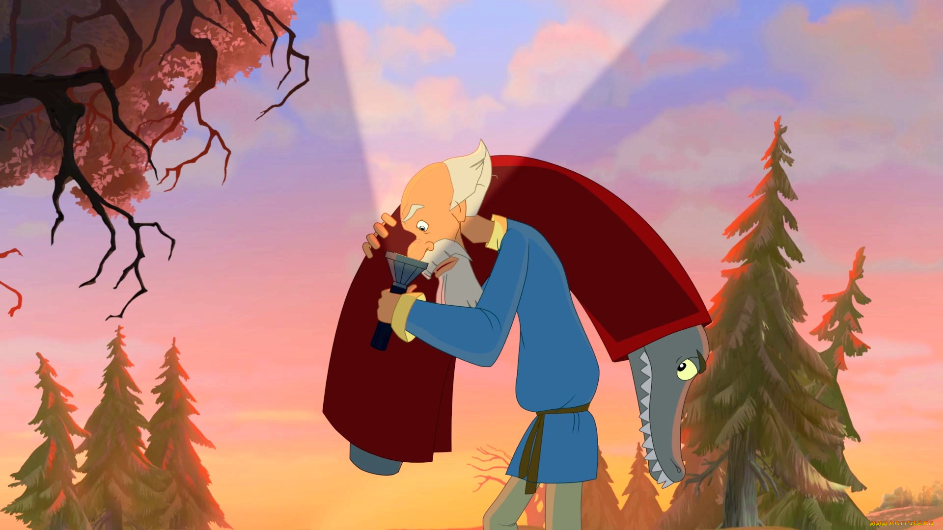 мультфильмы, иван, царевич, и, серый, волк, 3, деревья, ночь, фонарь, рыба, лес, дедушка