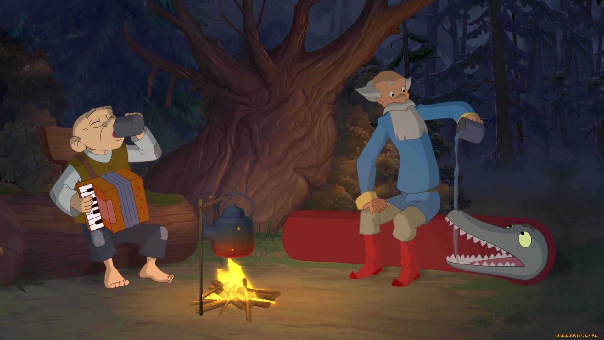 мультфильмы, иван, царевич, и, серый, волк, 3, мужчина, баян, кружка, ночь, костер, рыба