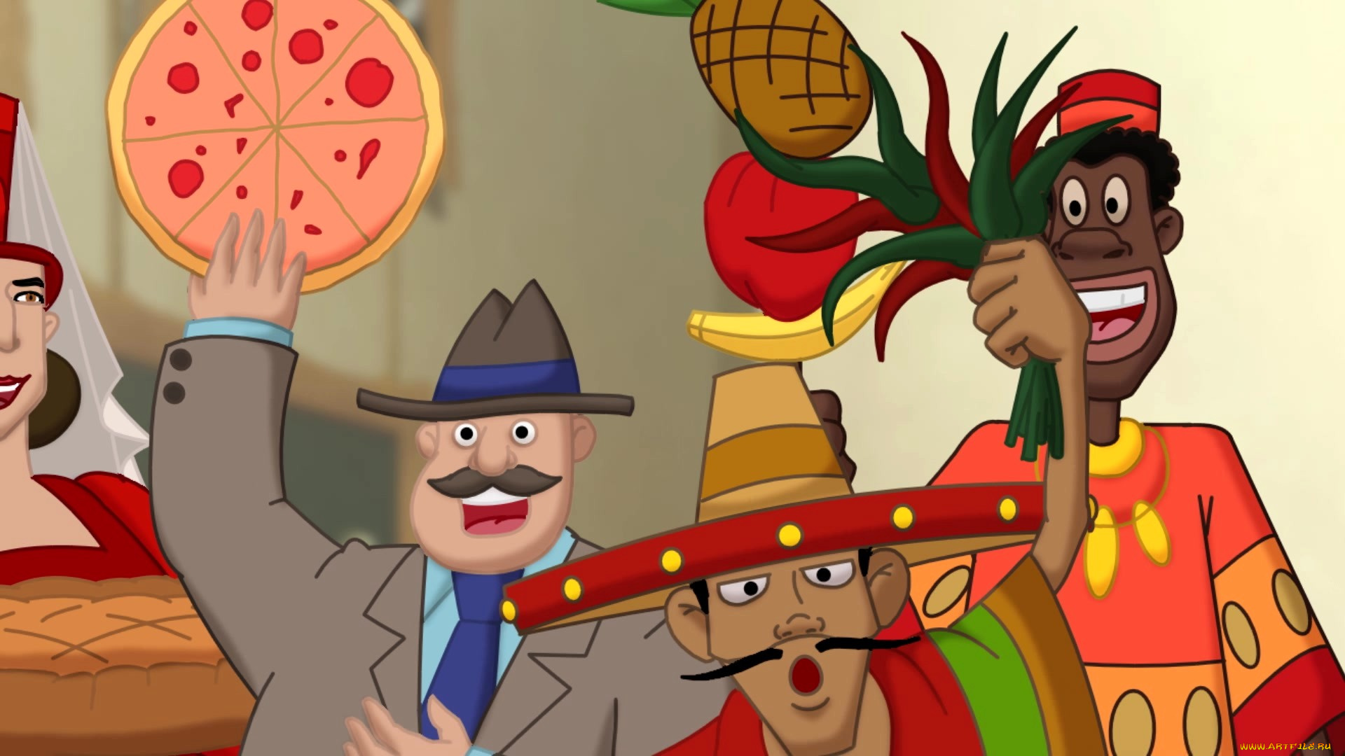 мультфильмы, иван, царевич, и, серый, волк, 3, пицца, люди, шляпа, ананас, эмоции