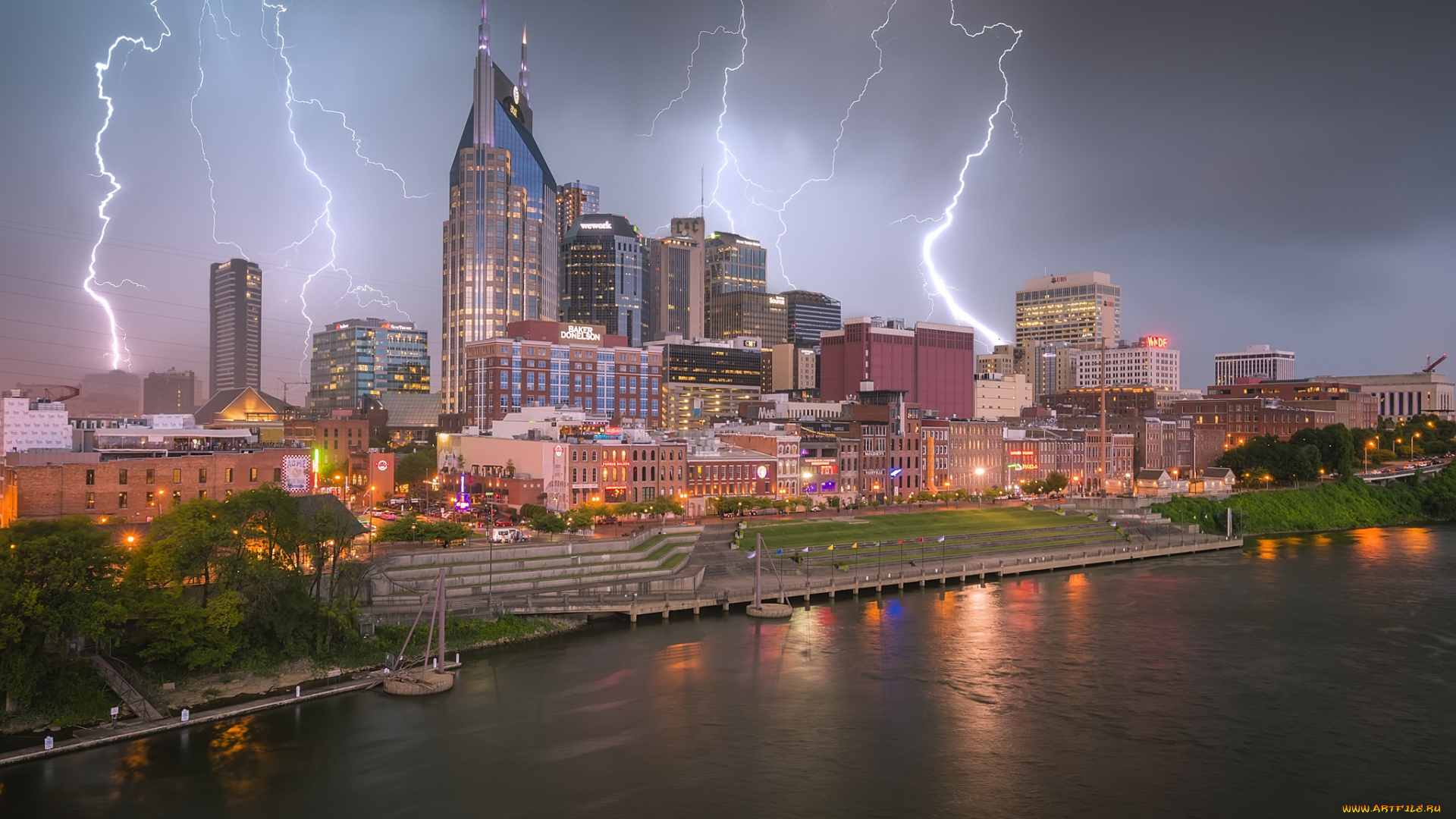 nashville, города, нэшвилл, , сша, гроза, башни, река