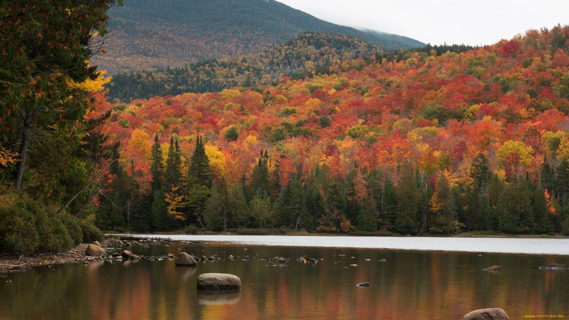 природа, реки, озера, осень, лес, деревья, озеро, горы