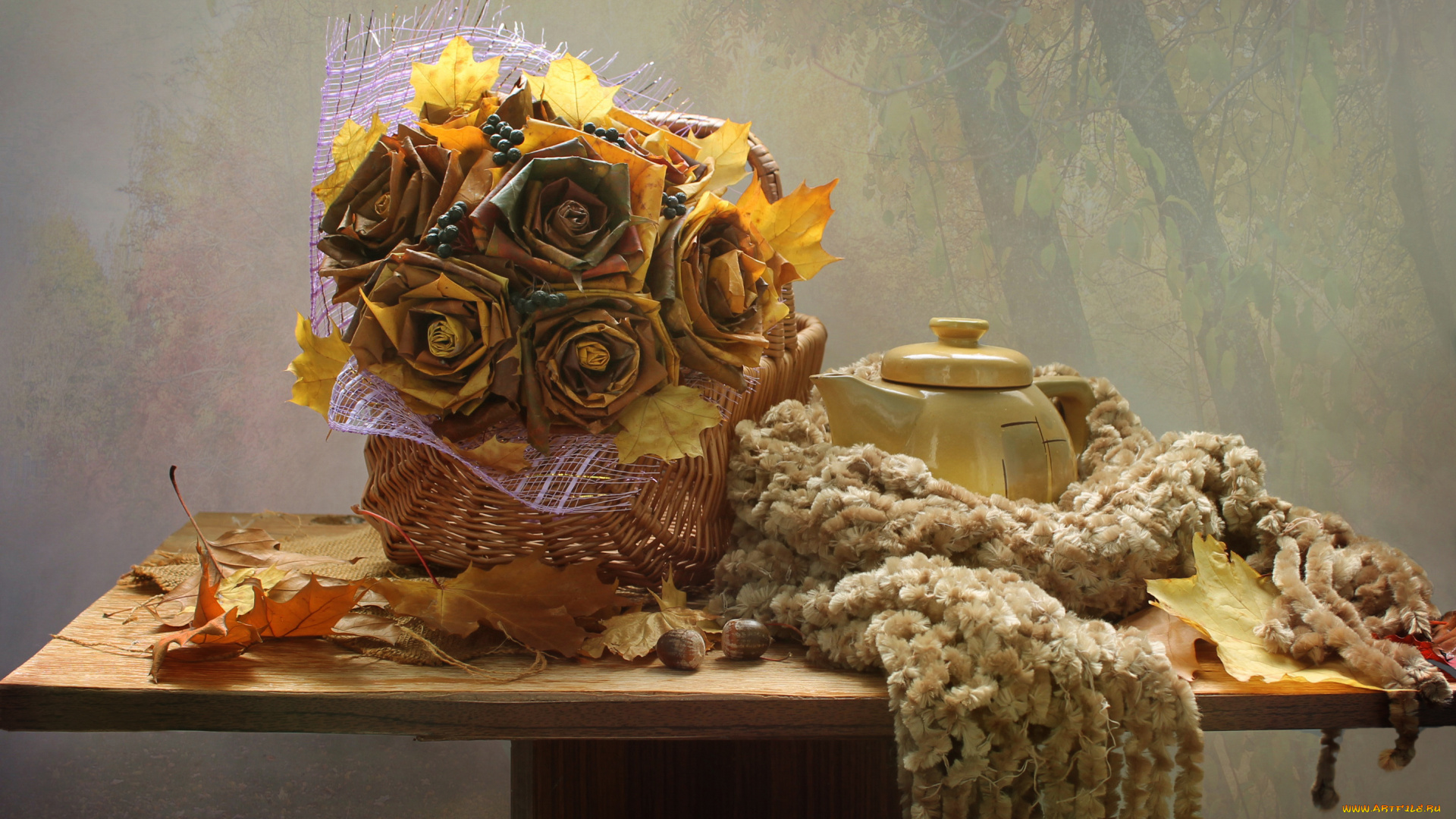 разное, ремесла, , поделки, , рукоделие, шарф, чайник, осень, октябрь, натюрморт, листья