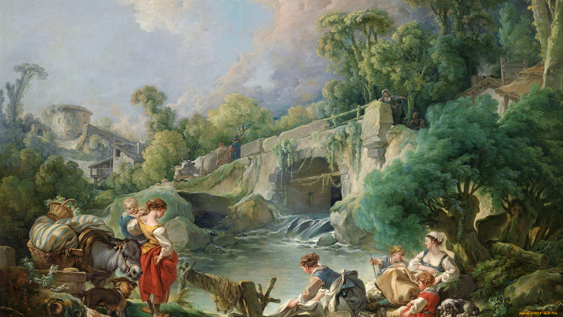 рисованное, живопись, франсуа, буше, прачки, картина