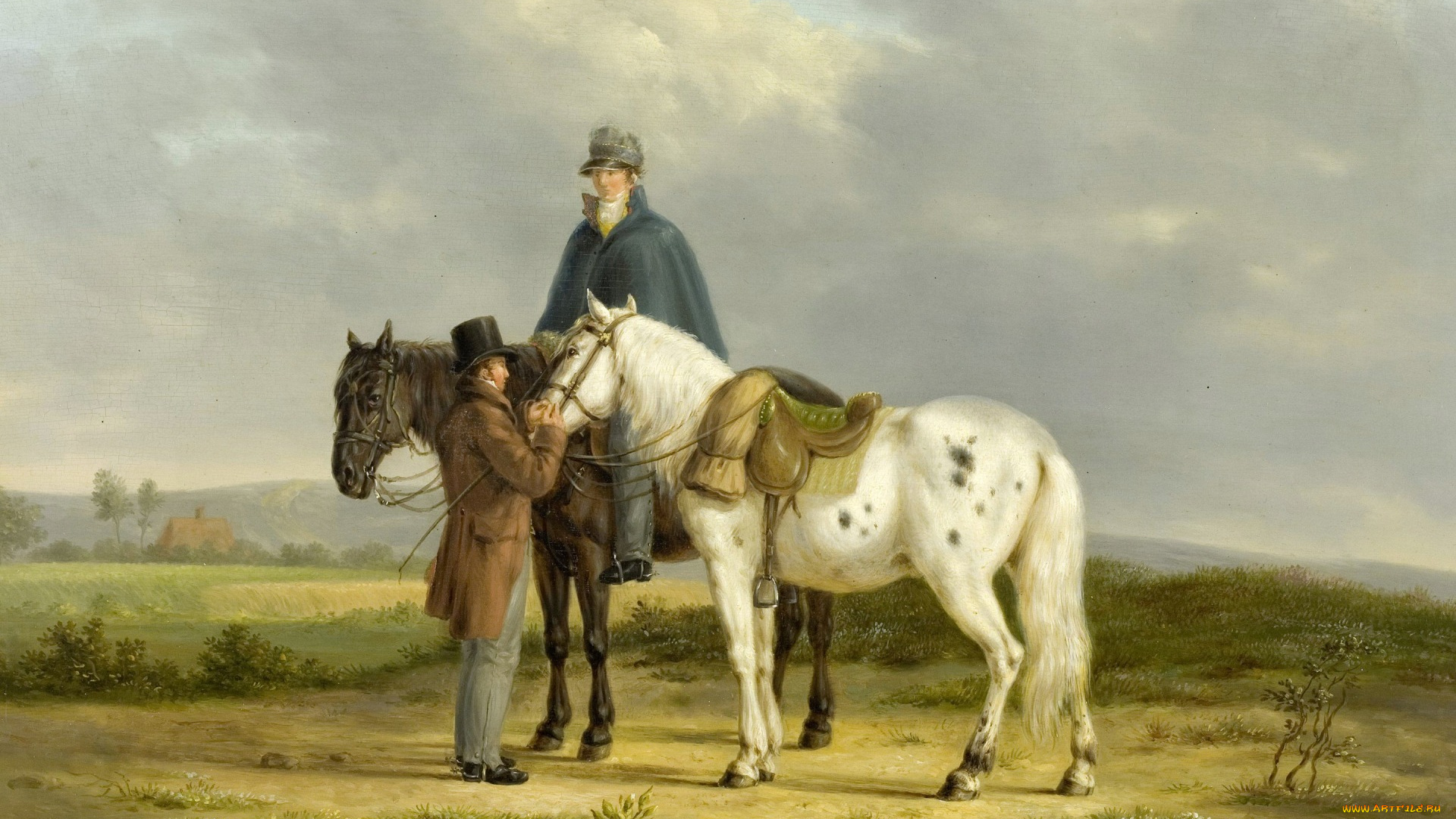 рисованное, живопись, масло, картина, дерево, два, всадника, на, фоне, пейзажа, энтони, оберман