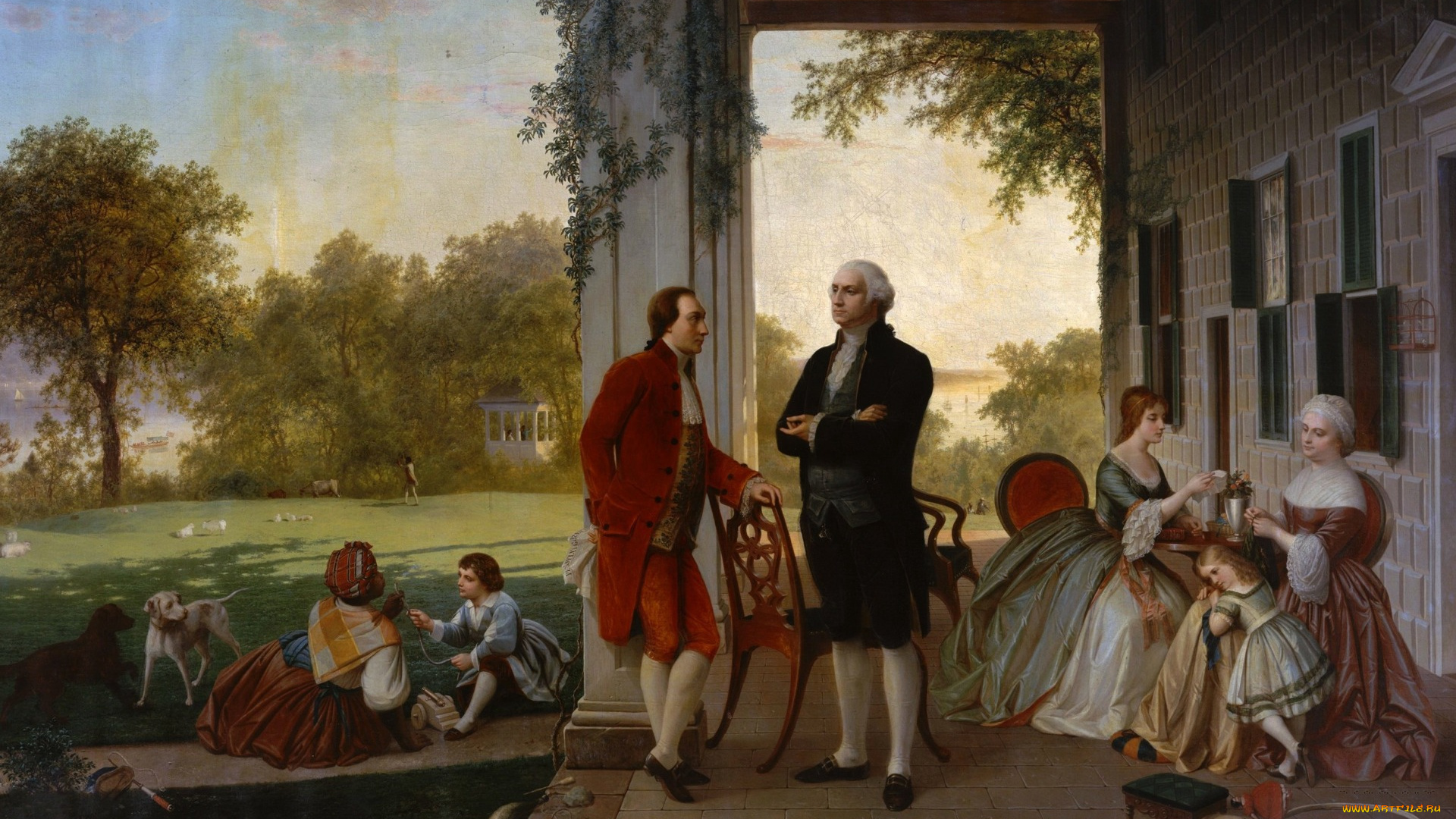 рисованное, живопись, вашингтон, и, лафайет, в, маунт-вернон, картина, томас, росситер, история