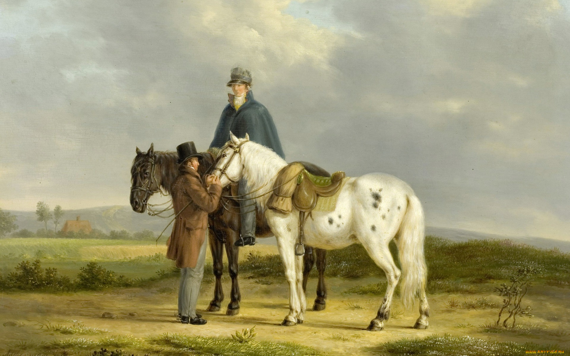 рисованное, живопись, масло, картина, дерево, два, всадника, на, фоне, пейзажа, энтони, оберман