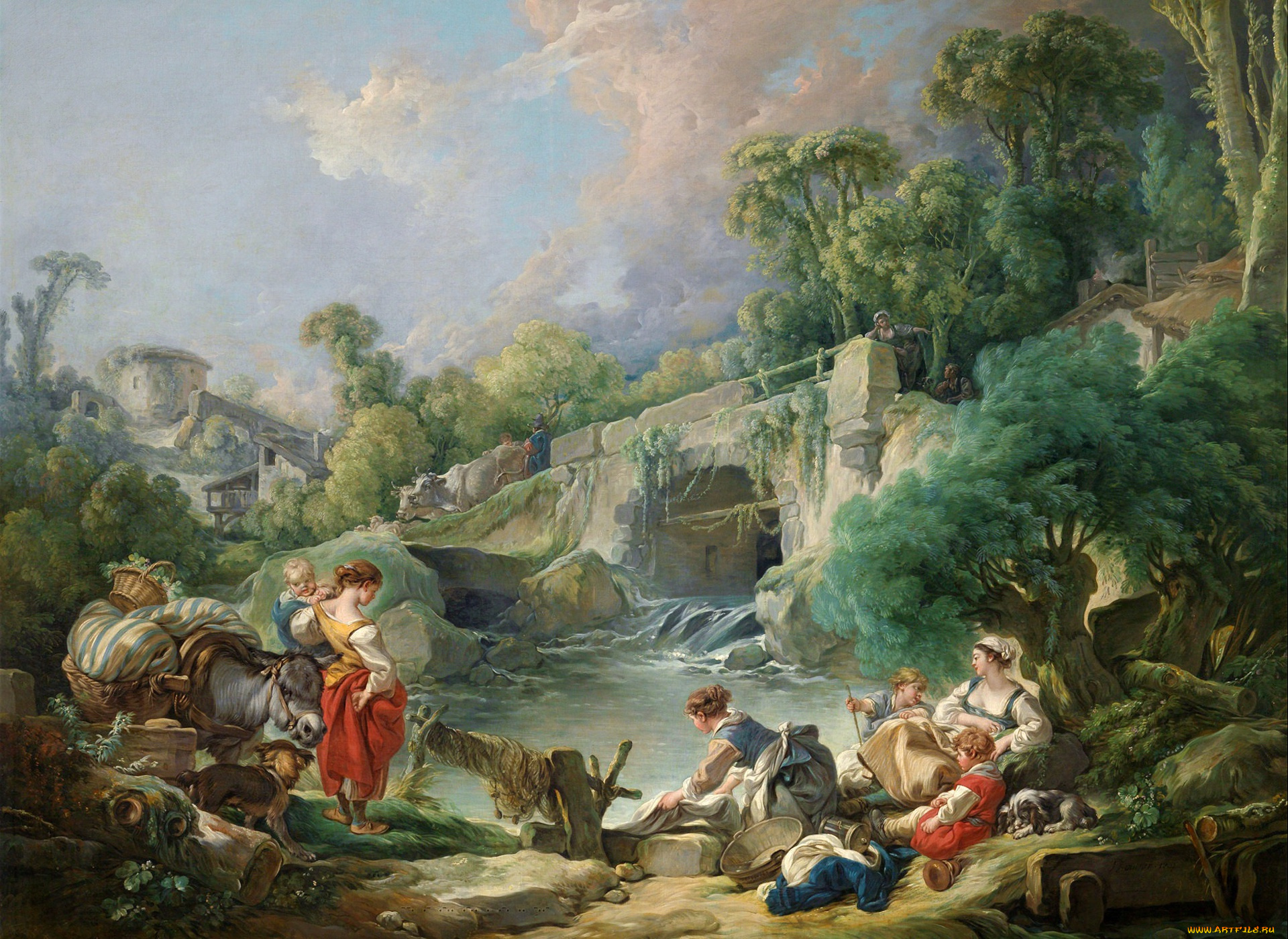 рисованное, живопись, франсуа, буше, прачки, картина