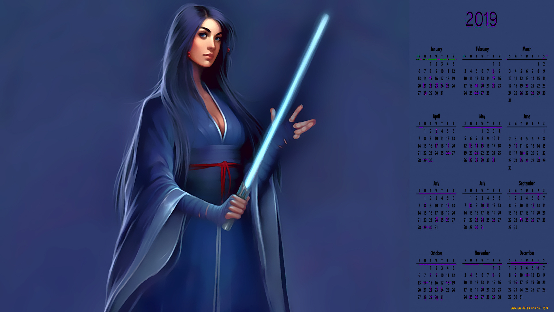 календари, фэнтези, кимоно, оружие, взгляд, девушка