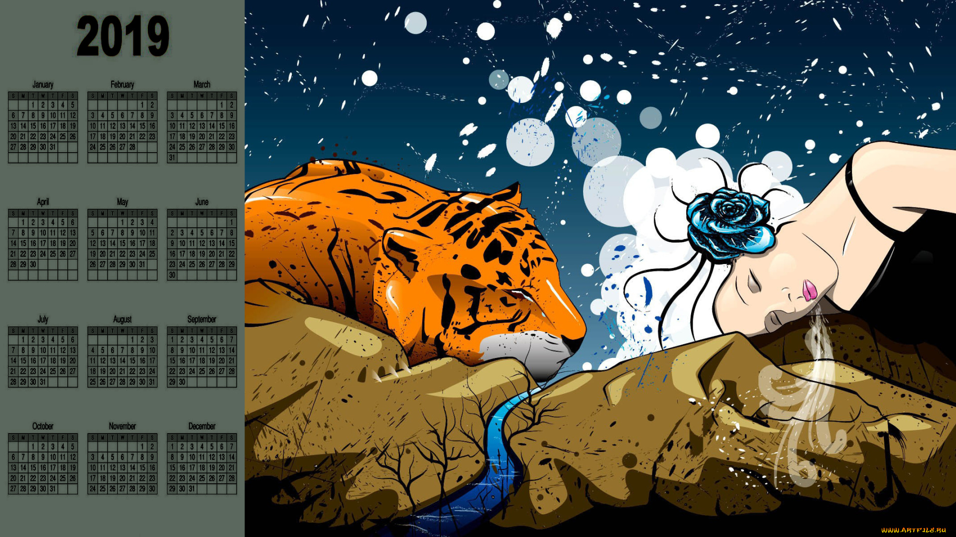 календари, рисованные, , векторная, графика, тигр, цветок, девушка