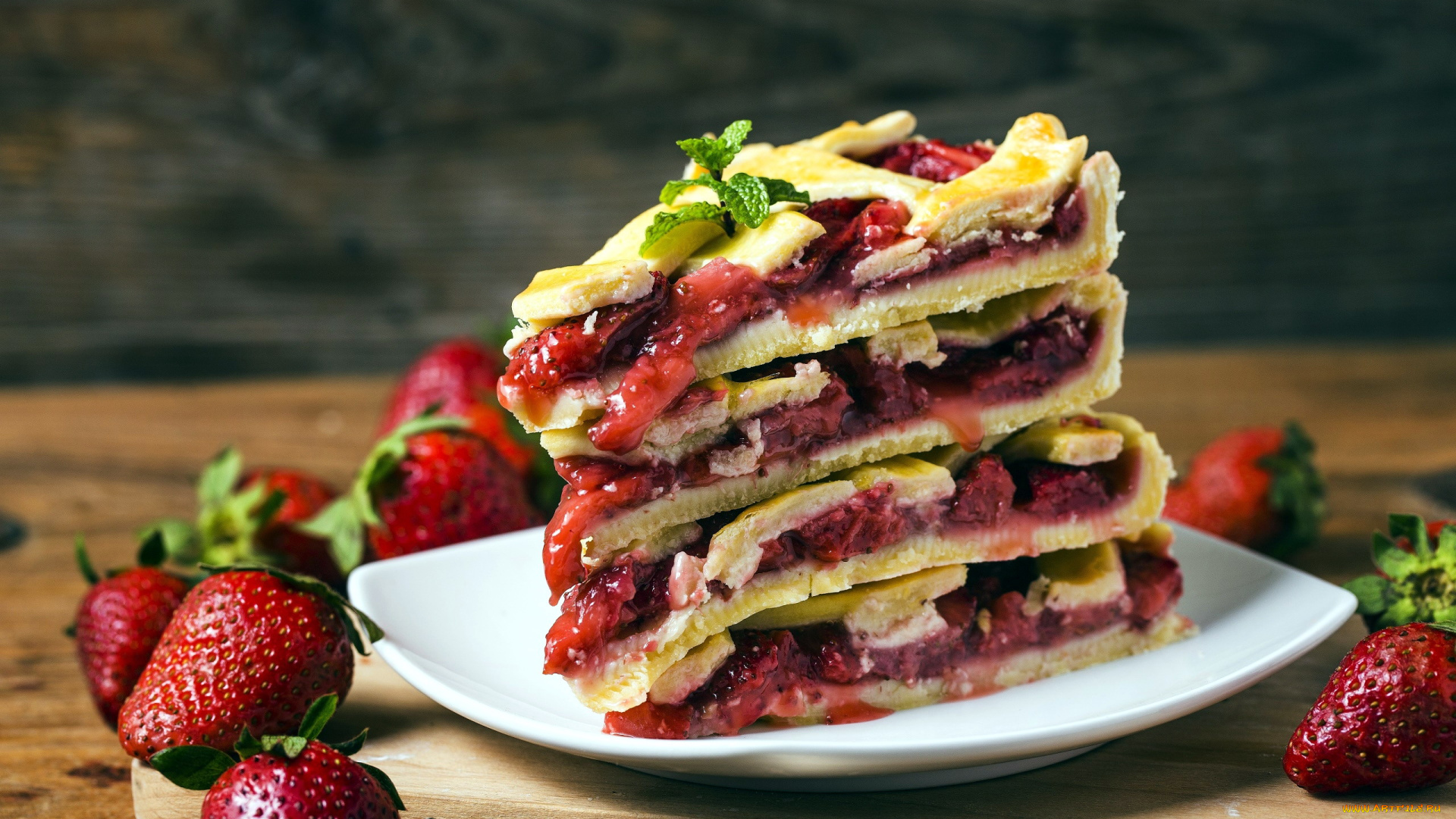 еда, пироги, мята, пирог, слоеный, клубника