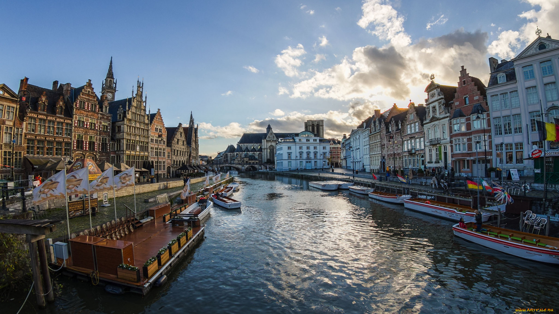 города, гент, , бельгия, канал, набережная, лодки