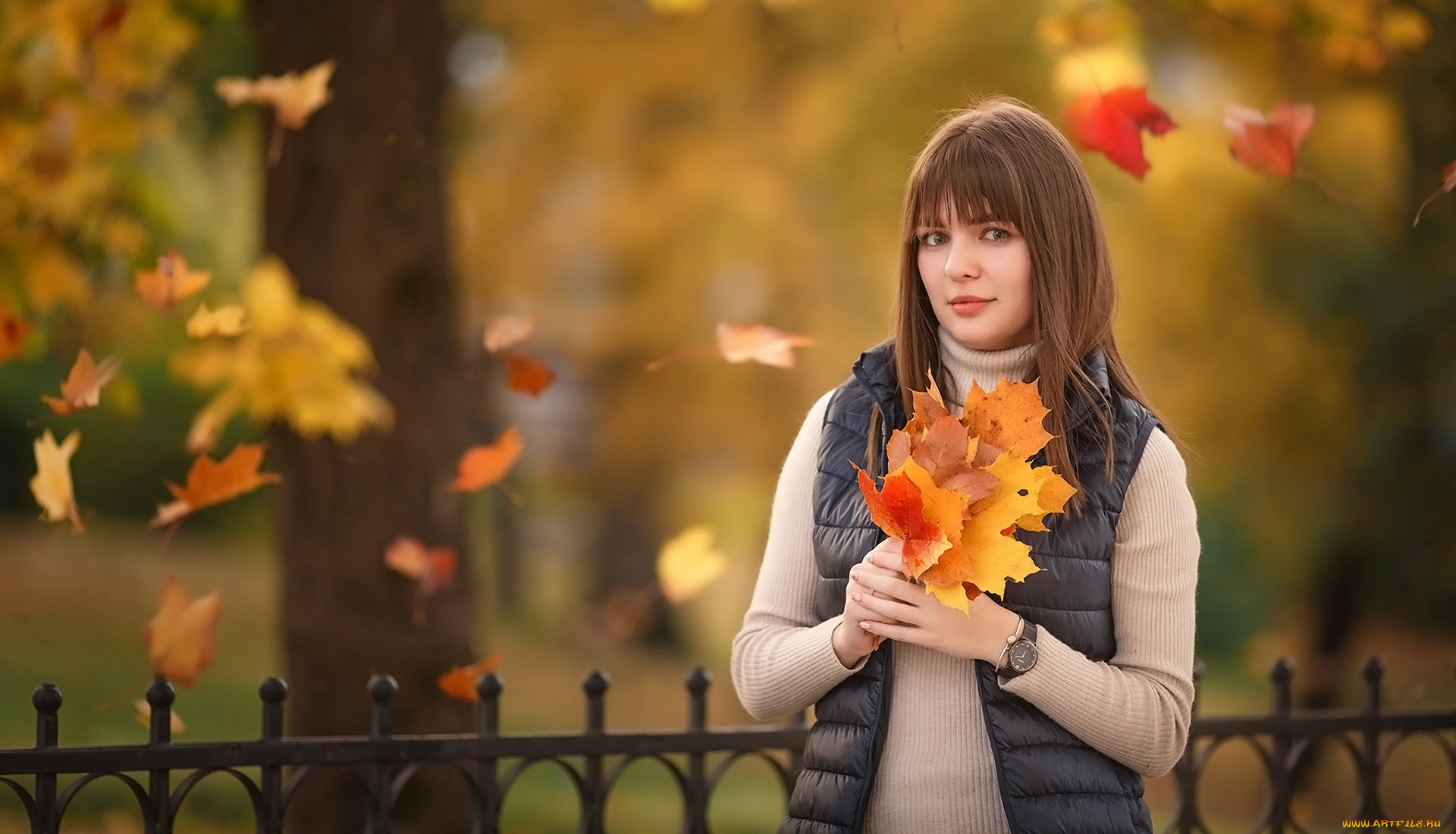 девушки, -, брюнетки, , шатенки, осень, листопад, листья