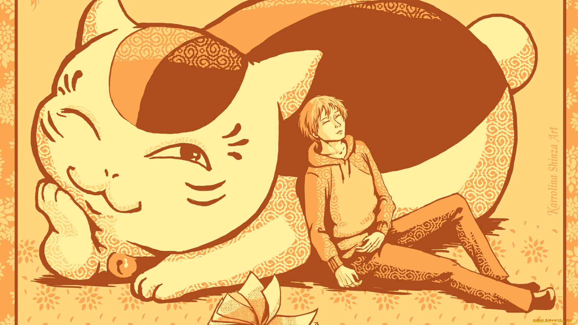 аниме, natsume, yuujinchou, кот, человек, книга