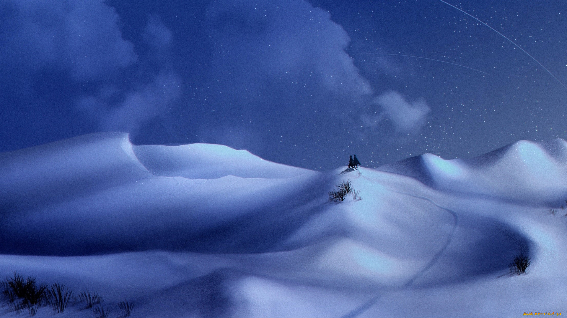 аниме, пейзажи, , природа, люди, снег