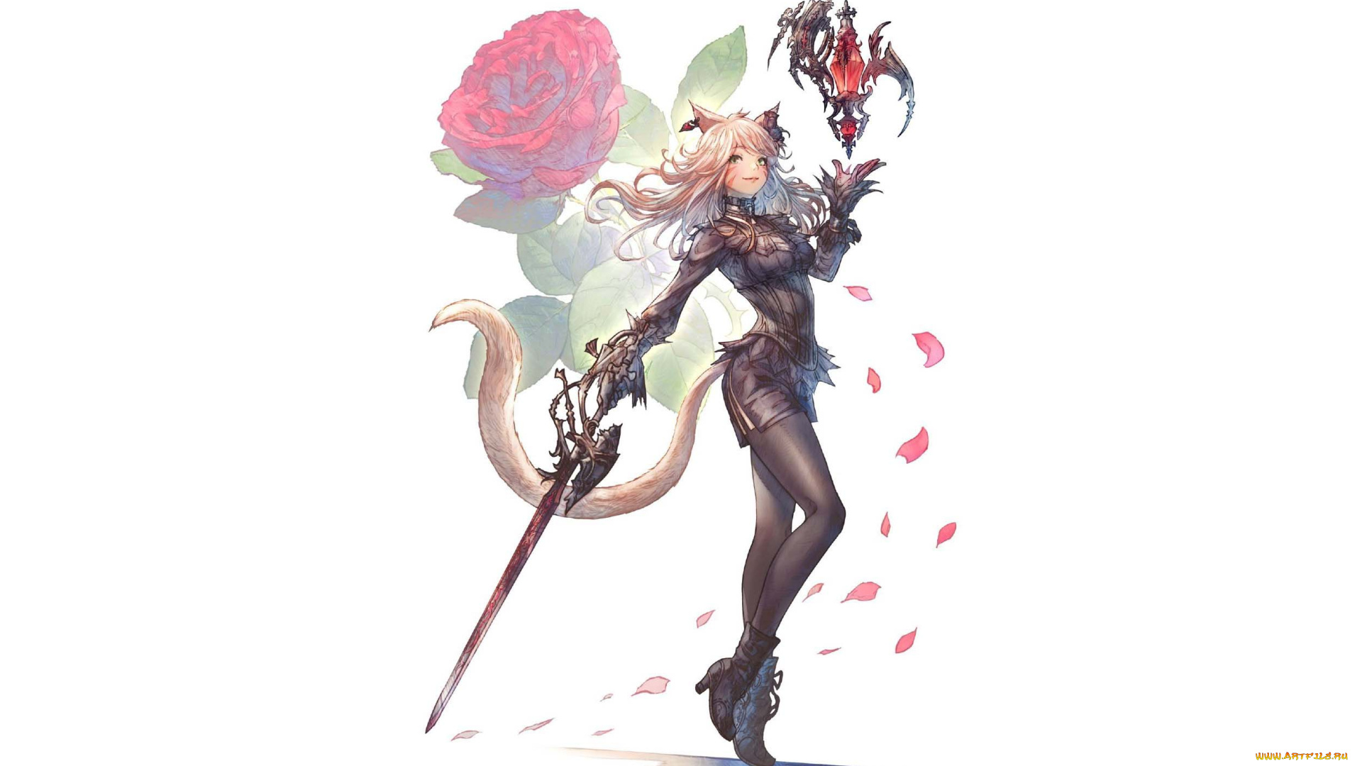 аниме, животные, , существа, девушка, меч, роза, хвост, ушки