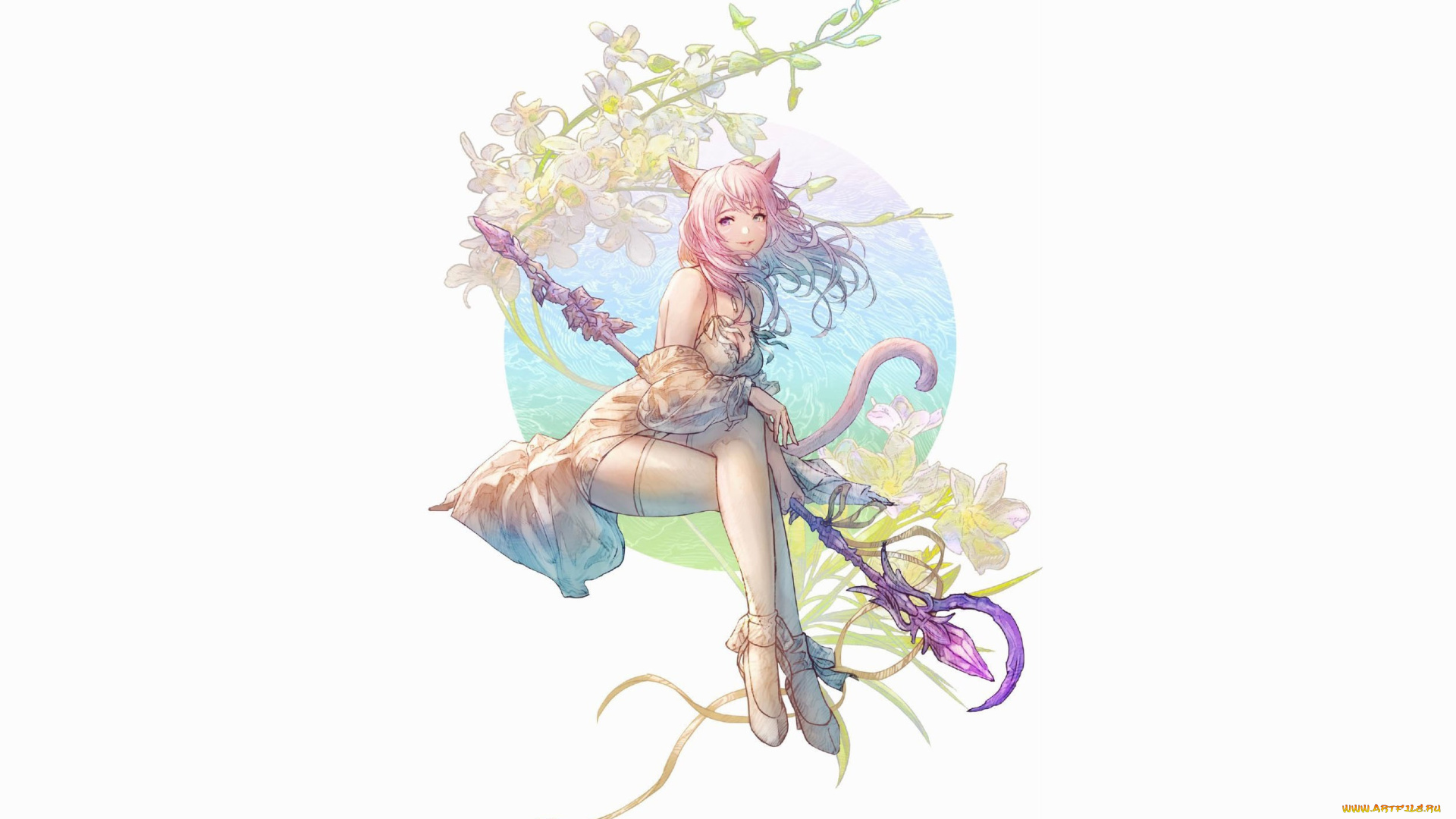 аниме, животные, , существа, девушка, посох, ушки, цветы