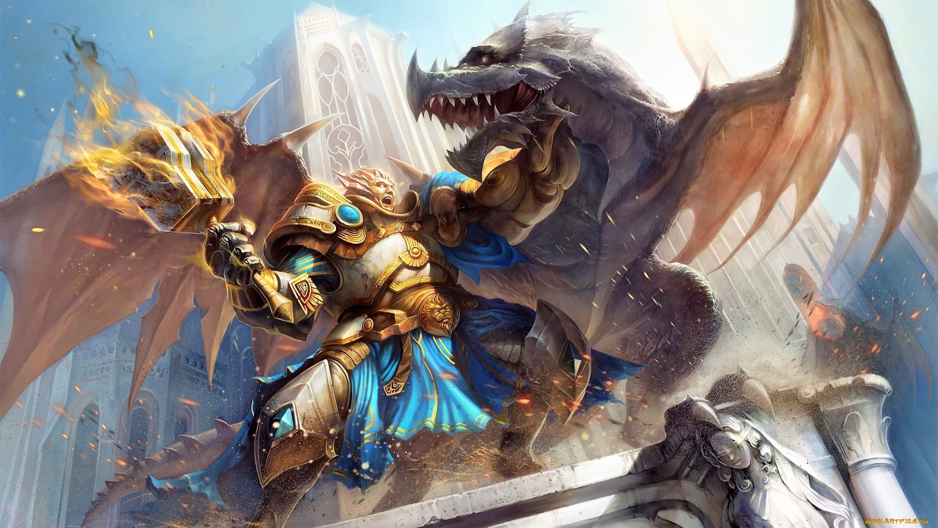 видео, игры, forsaken, world, воин, молот, дракон, замок, бой