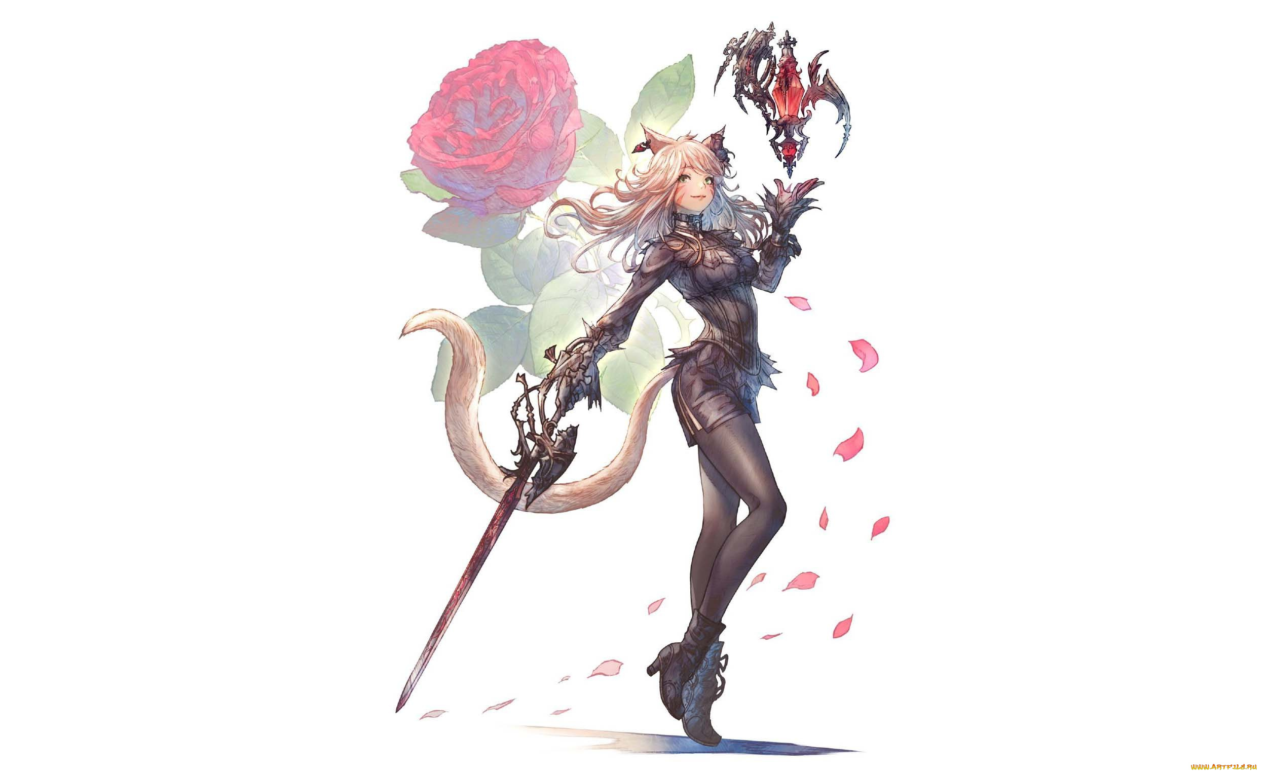 аниме, животные, , существа, девушка, меч, роза, хвост, ушки