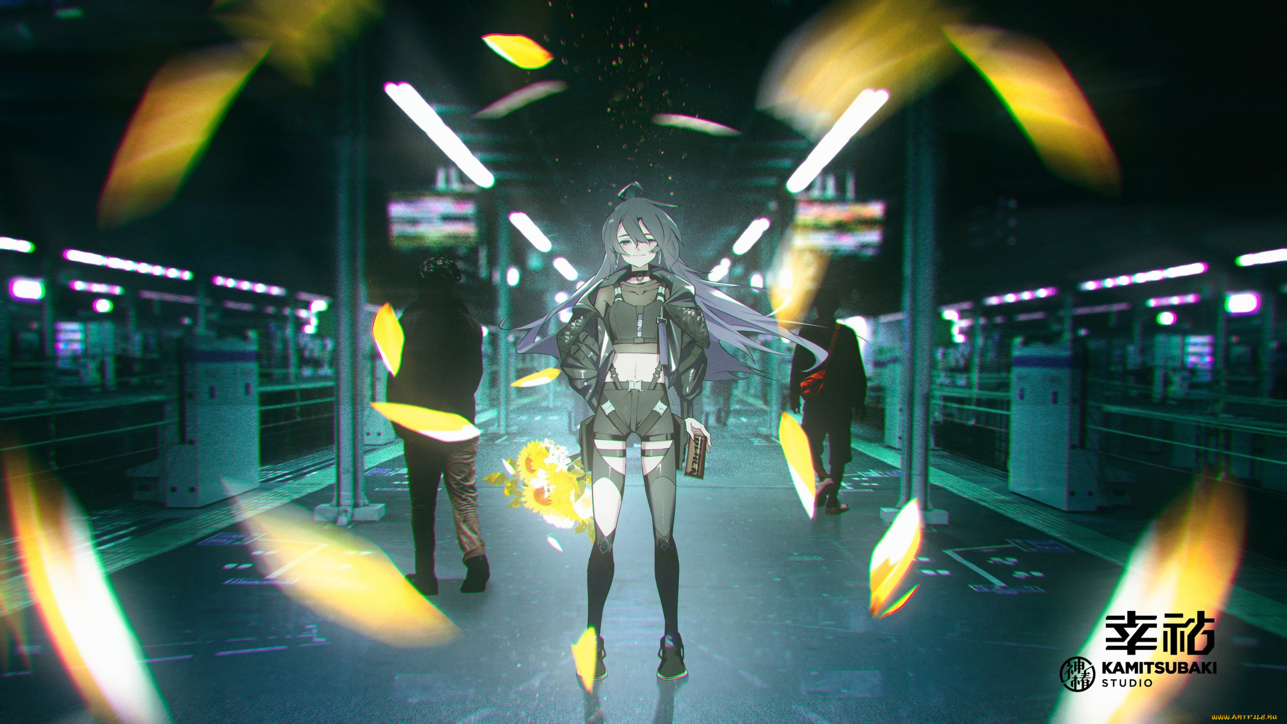 аниме, unknown, , другое, , девушка, лепестки, люди, метро