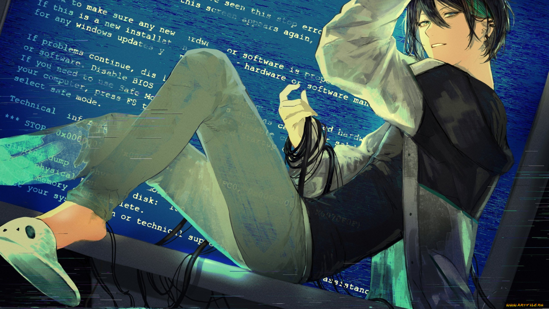 аниме, оружие, , техника, , технологии, парень, экран, монитор